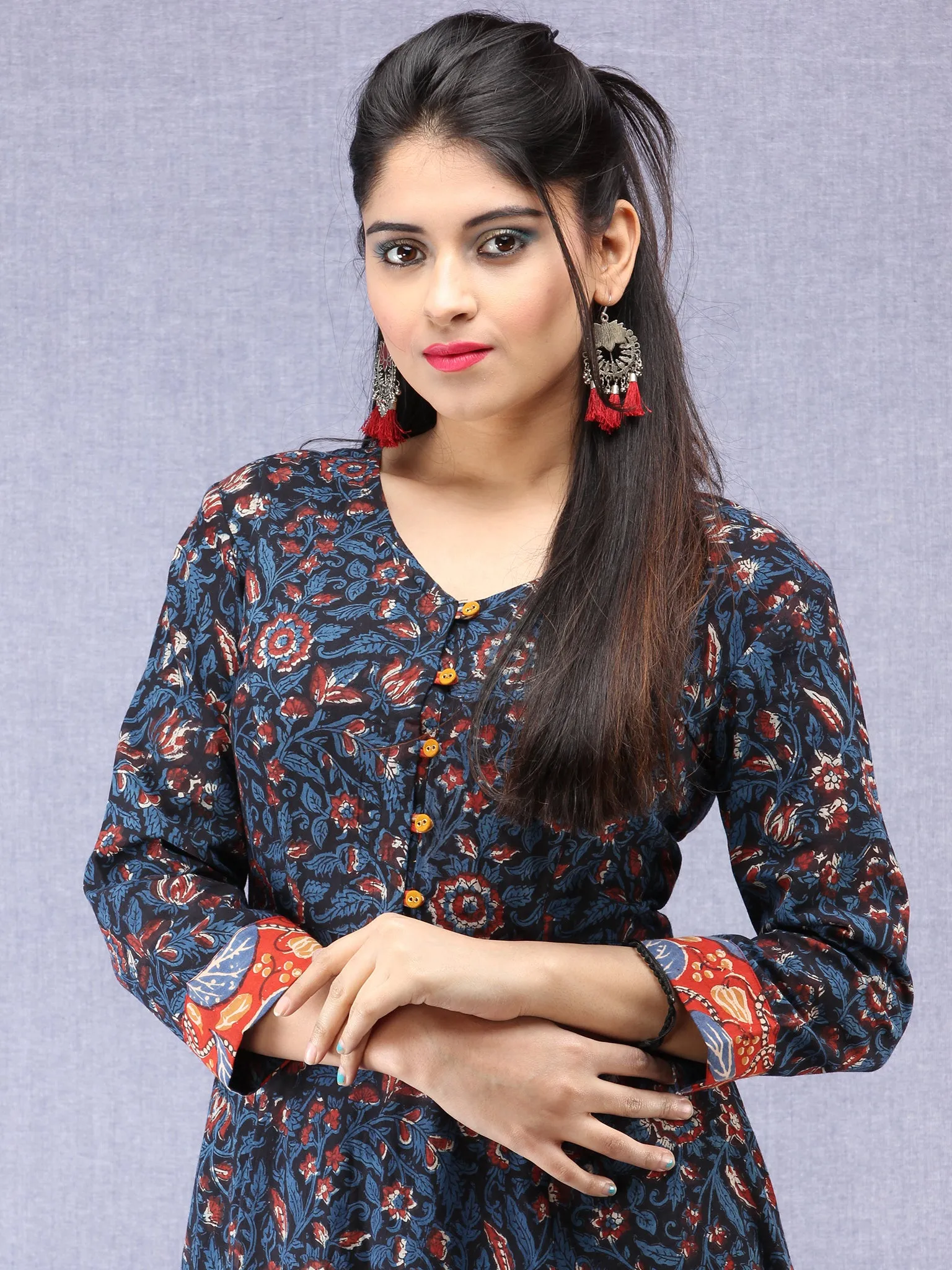 Nazmin - Hand Block Printed Long Cotton Dress With Back Knots  - D162F1301