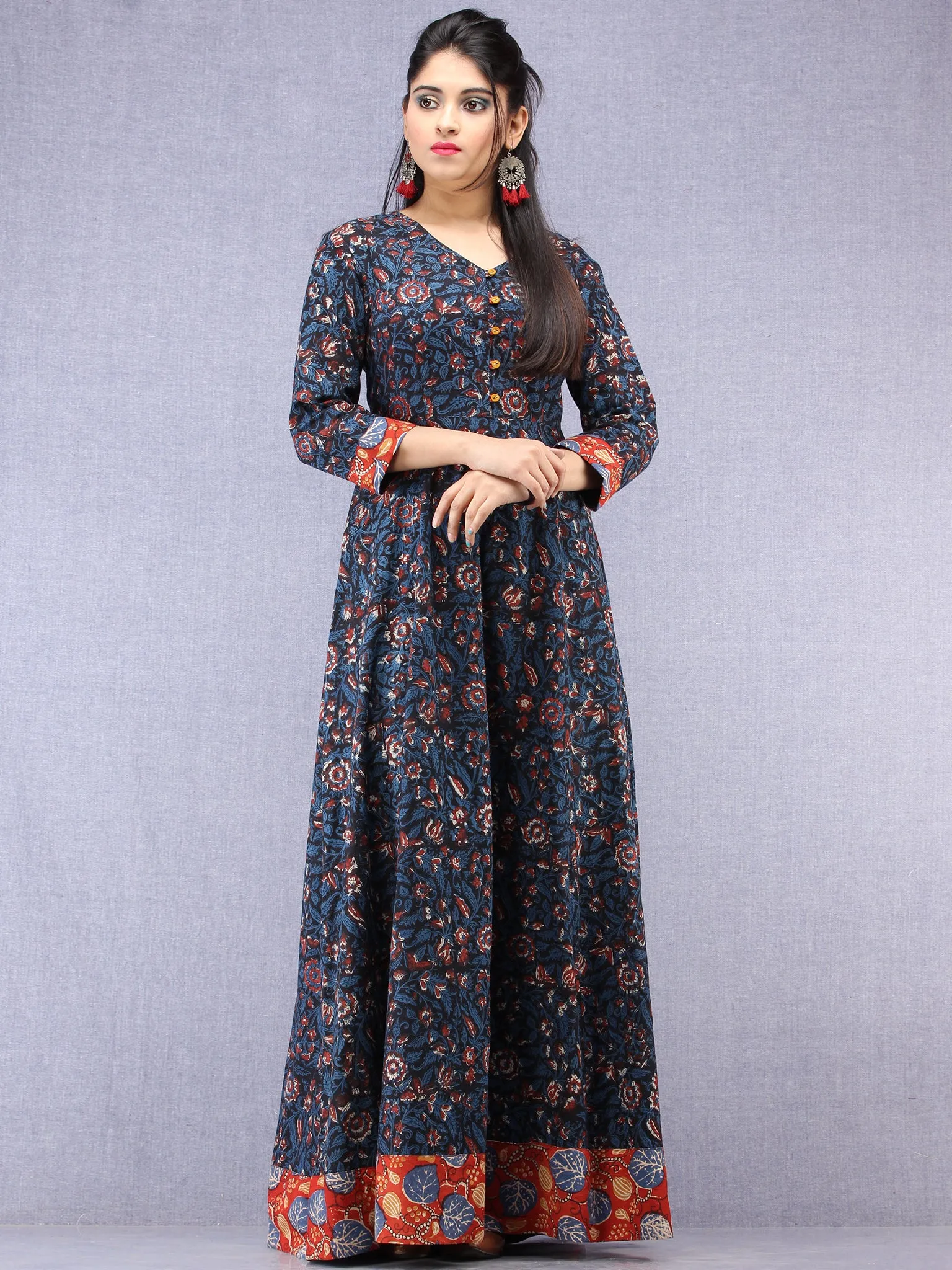 Nazmin - Hand Block Printed Long Cotton Dress With Back Knots  - D162F1301