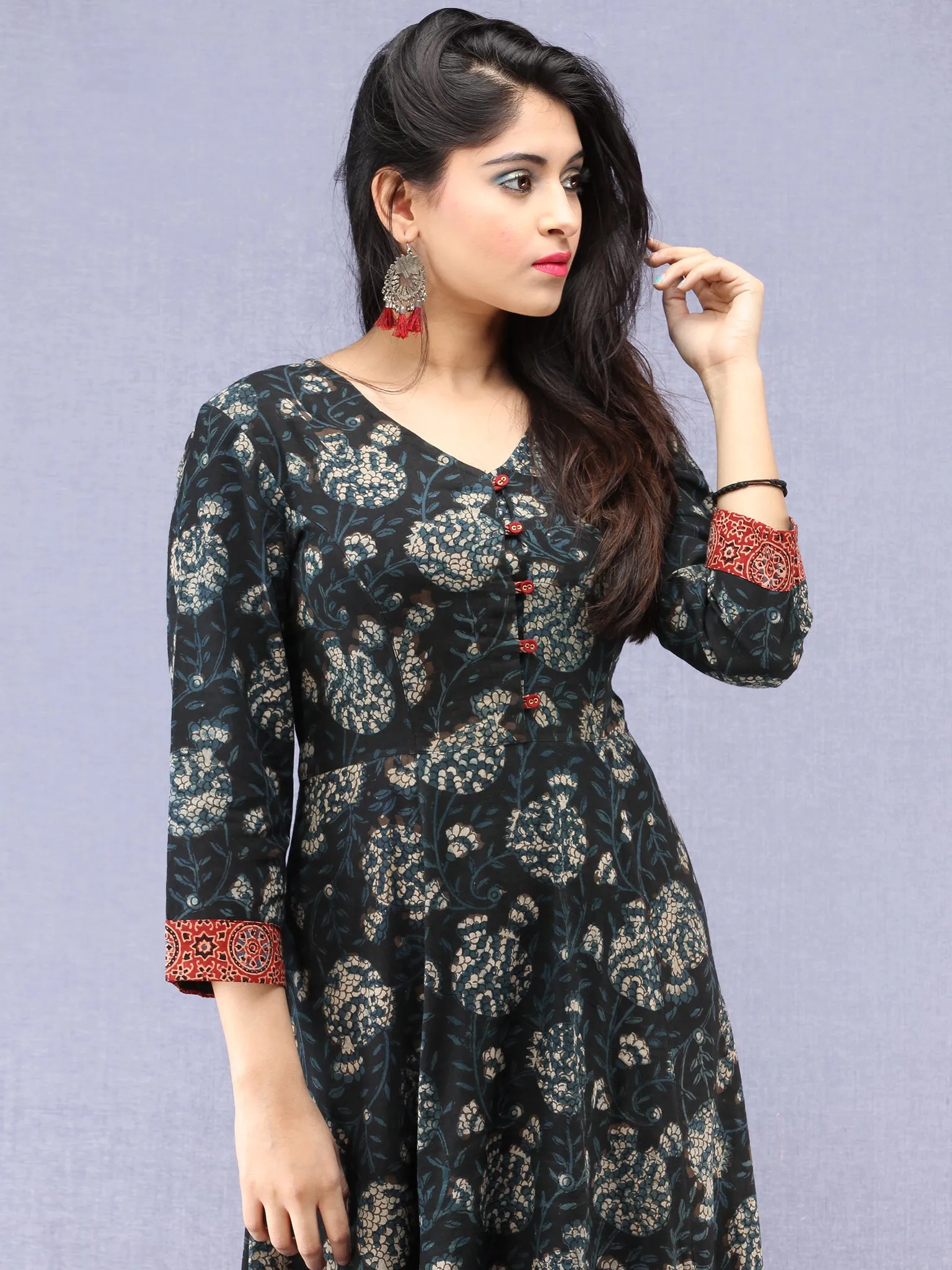 Nazmin - Hand Block Printed Long Cotton Dress With Back Knots  - D162F1823