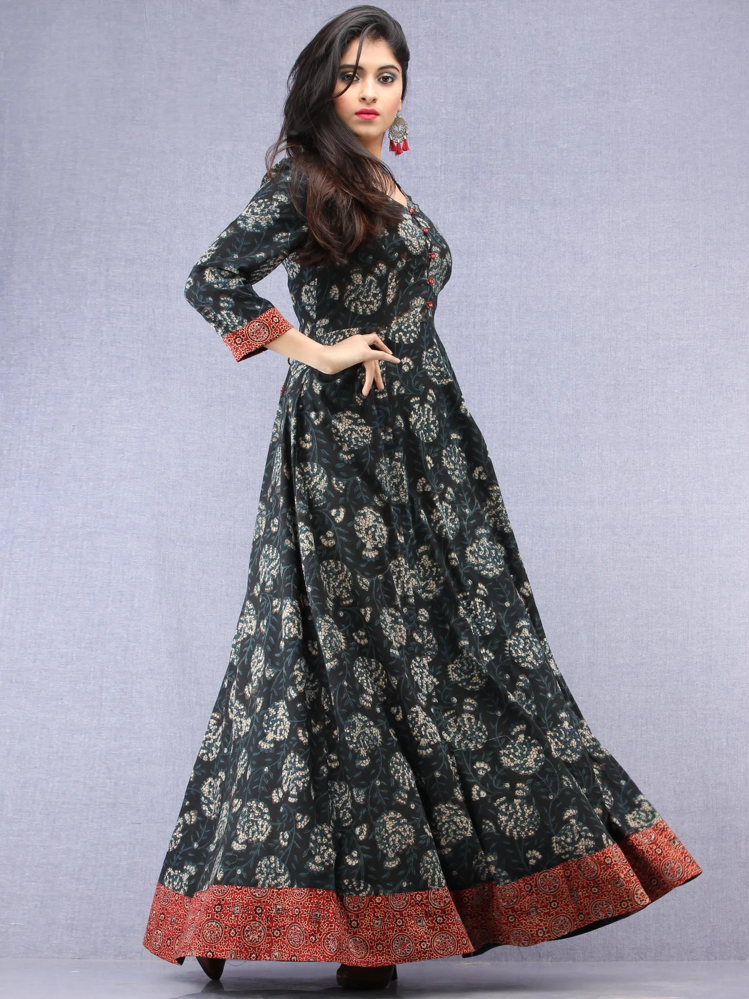 Nazmin - Hand Block Printed Long Cotton Dress With Back Knots  - D162F1823