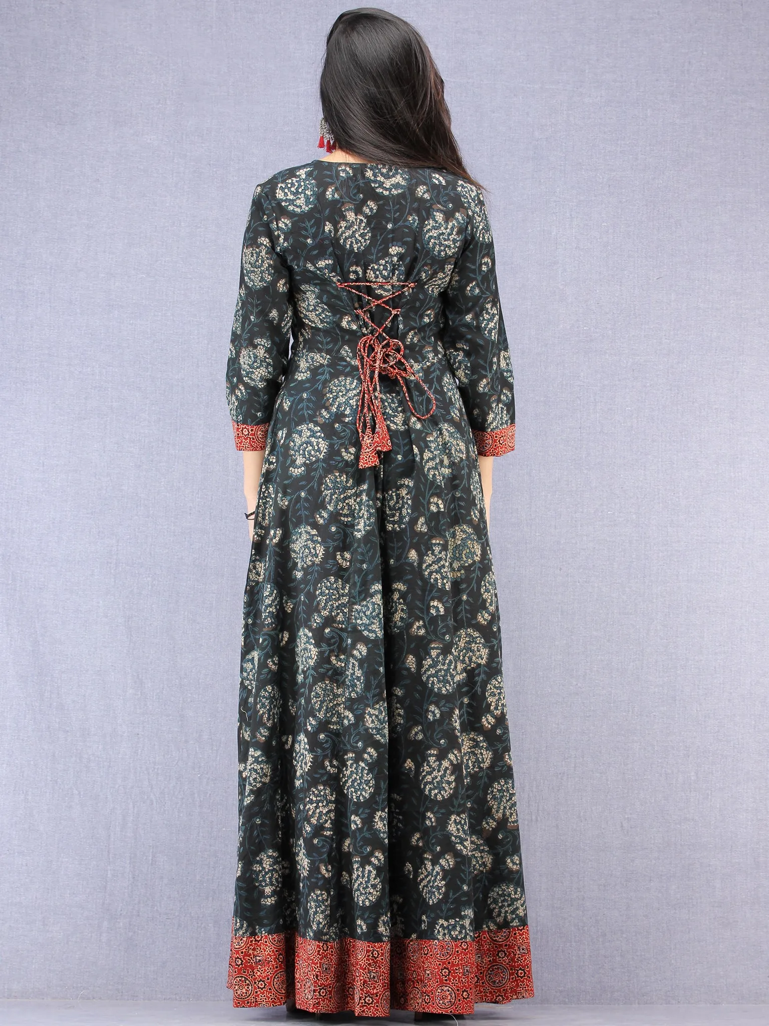 Nazmin - Hand Block Printed Long Cotton Dress With Back Knots  - D162F1823