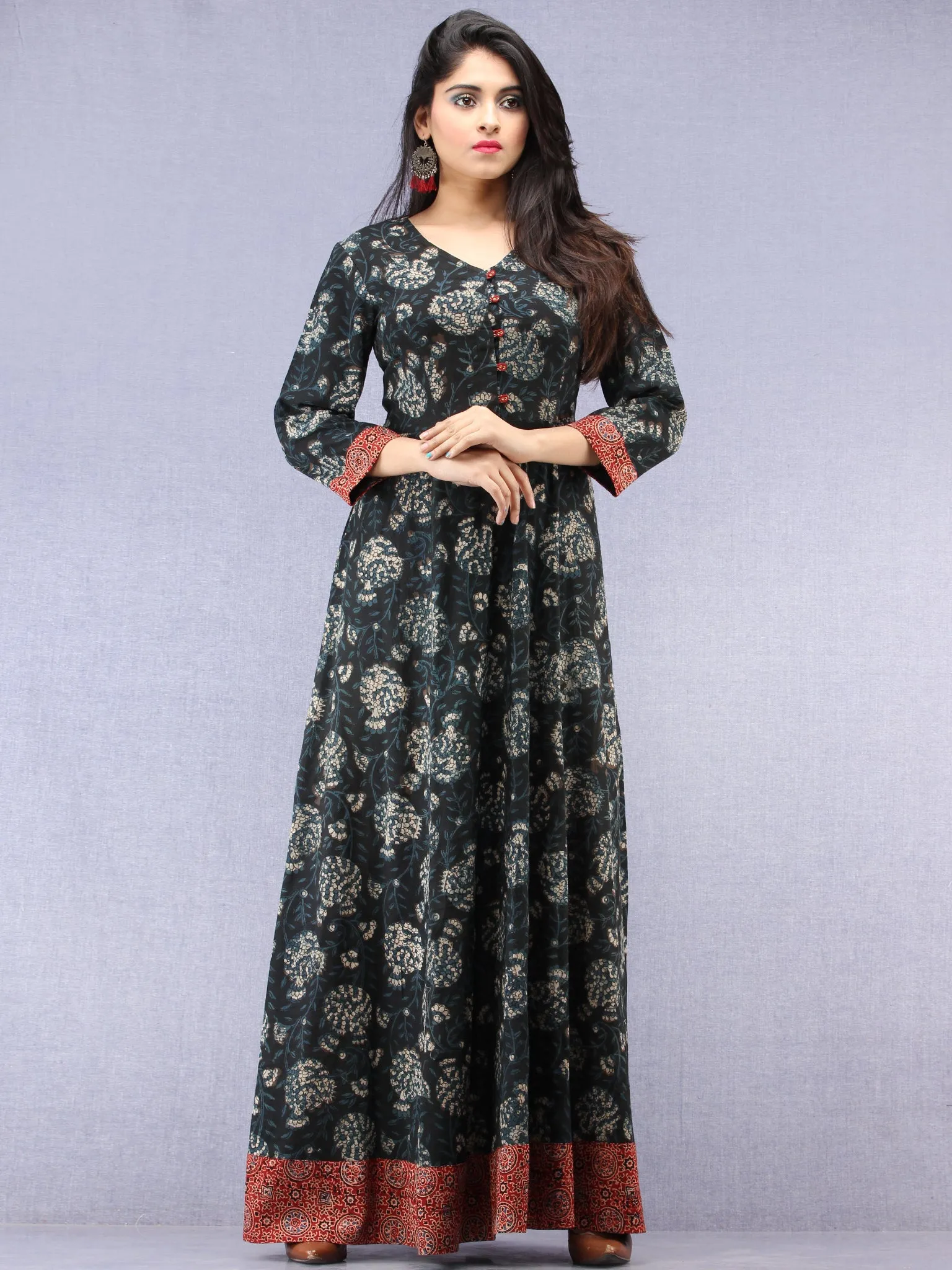 Nazmin - Hand Block Printed Long Cotton Dress With Back Knots  - D162F1823