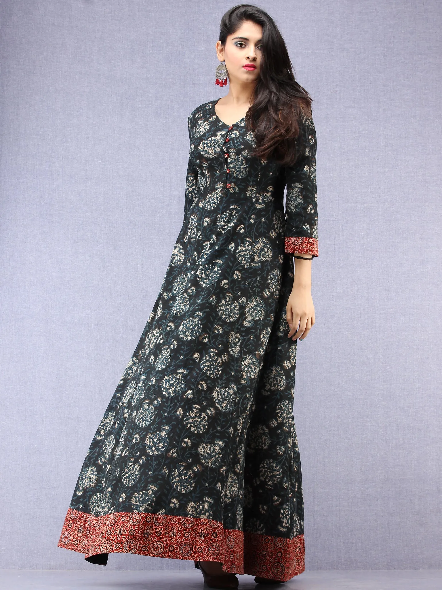 Nazmin - Hand Block Printed Long Cotton Dress With Back Knots  - D162F1823