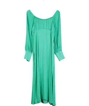 Next Green Empire Line Satin Long Sleeve Midi Dress UK 12