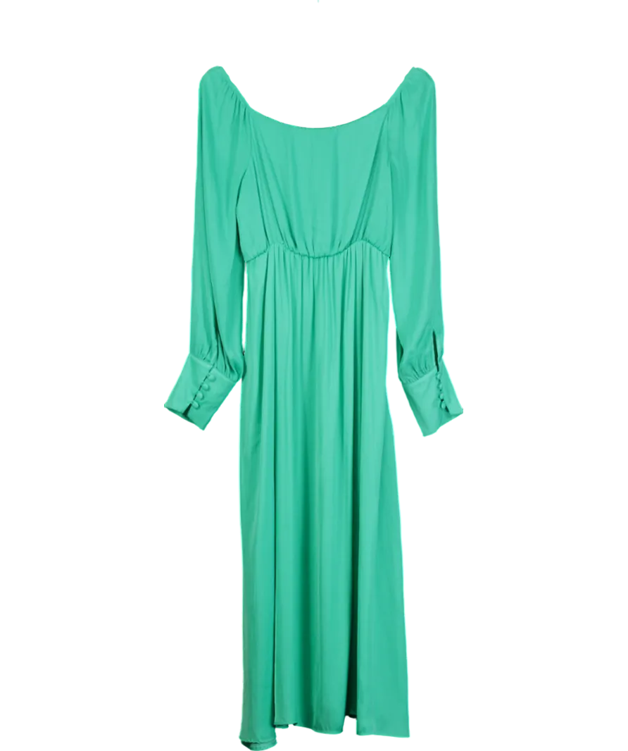 Next Green Empire Line Satin Long Sleeve Midi Dress UK 12