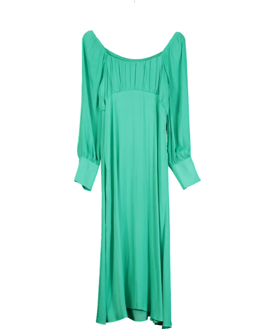 Next Green Empire Line Satin Long Sleeve Midi Dress UK 12