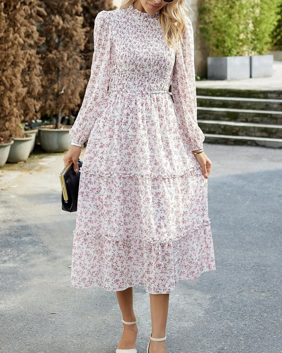 NOLLSOM Women 2025 Spring Dress Floral Boho Dress Casual Long Sleeve Crew Neck Ruffle A-Line Flowy Wedding Guest Maxi Dresses