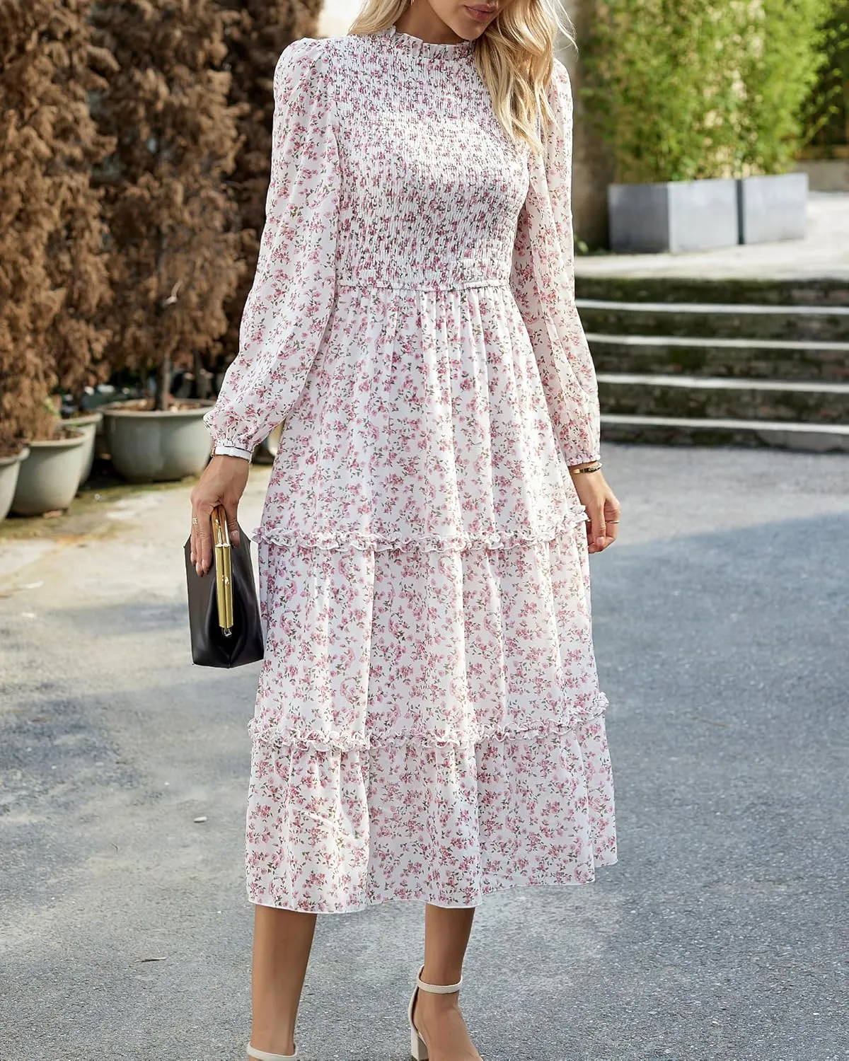 NOLLSOM Women 2025 Spring Dress Floral Boho Dress Casual Long Sleeve Crew Neck Ruffle A-Line Flowy Wedding Guest Maxi Dresses