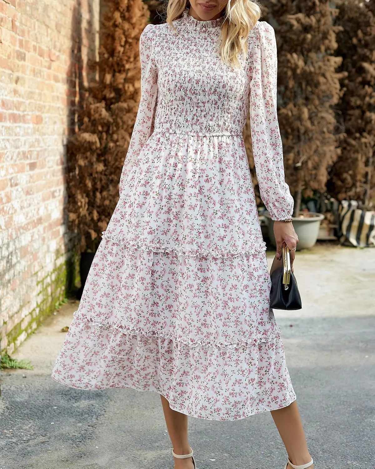 NOLLSOM Women 2025 Spring Dress Floral Boho Dress Casual Long Sleeve Crew Neck Ruffle A-Line Flowy Wedding Guest Maxi Dresses