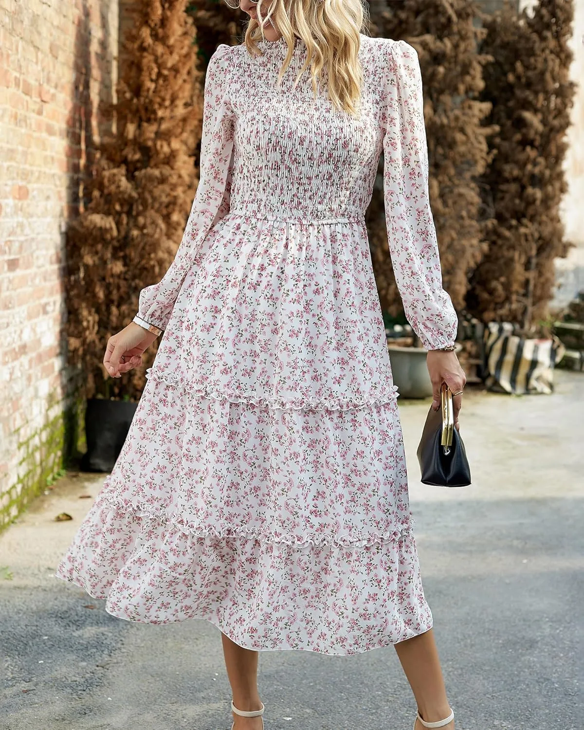 NOLLSOM Women 2025 Spring Dress Floral Boho Dress Casual Long Sleeve Crew Neck Ruffle A-Line Flowy Wedding Guest Maxi Dresses