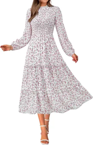 NOLLSOM Women 2025 Spring Dress Floral Boho Dress Casual Long Sleeve Crew Neck Ruffle A-Line Flowy Wedding Guest Maxi Dresses