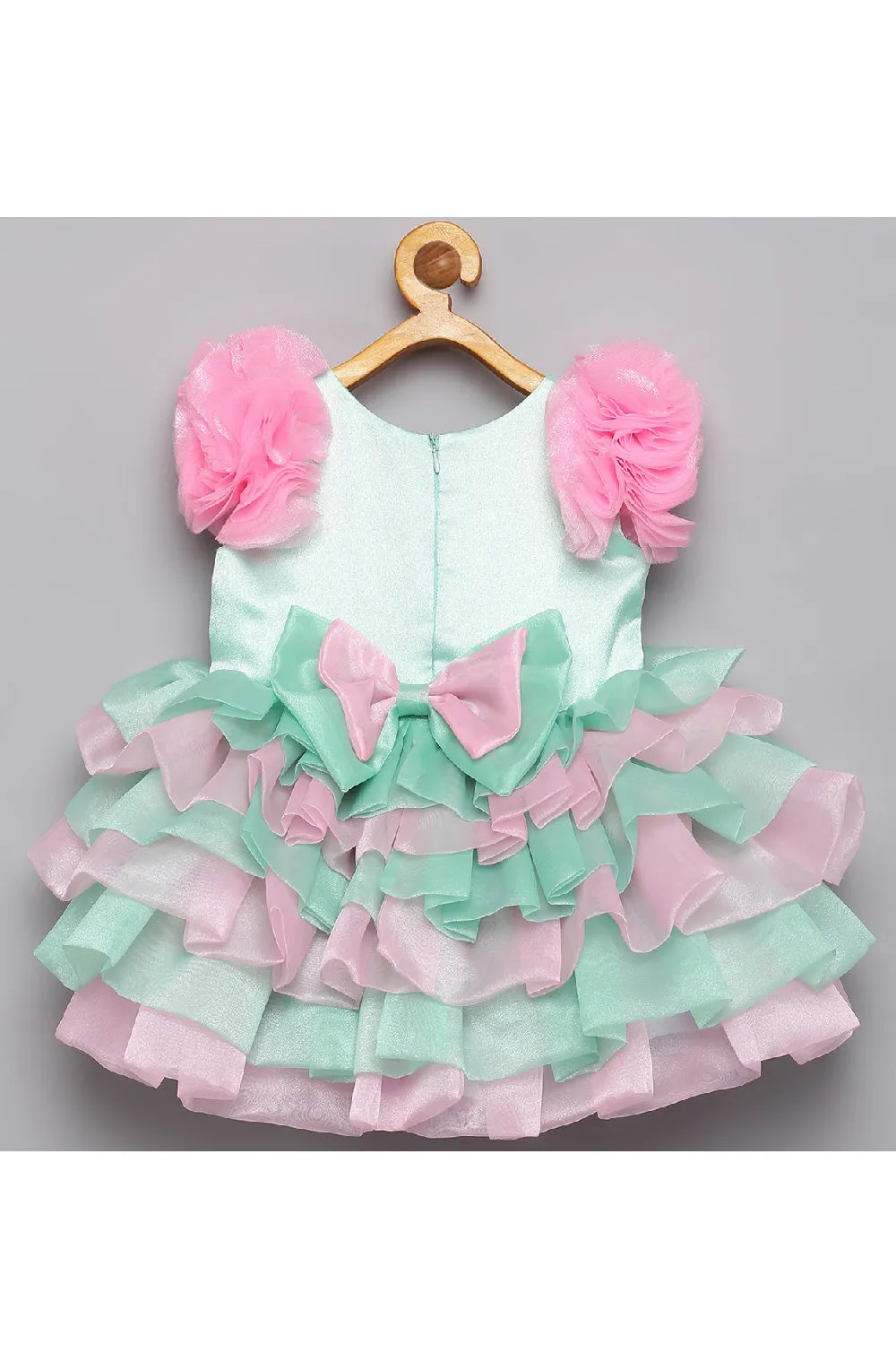 Pink And Mint Green Unicorn Embroidered Layered Dress