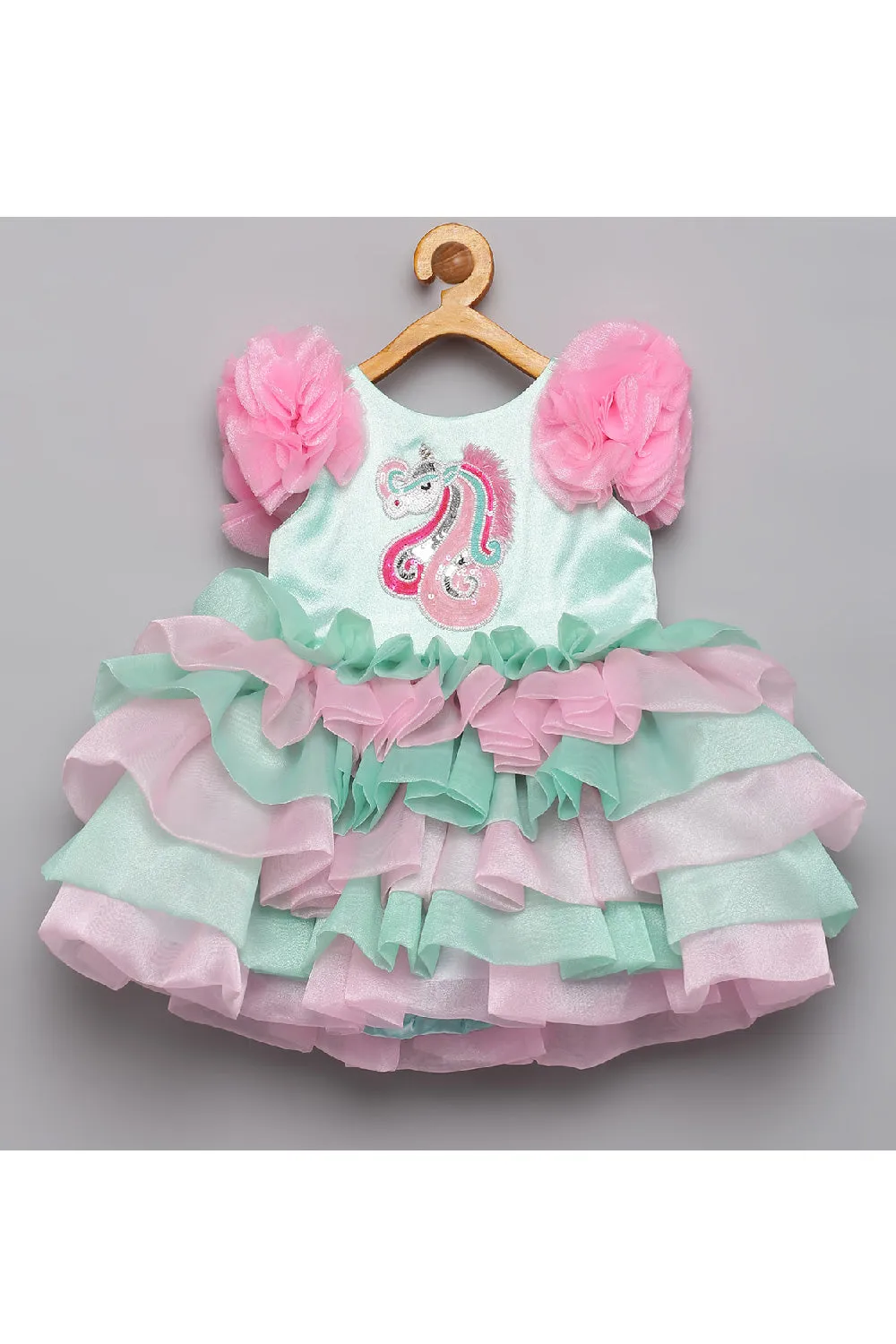 Pink And Mint Green Unicorn Embroidered Layered Dress