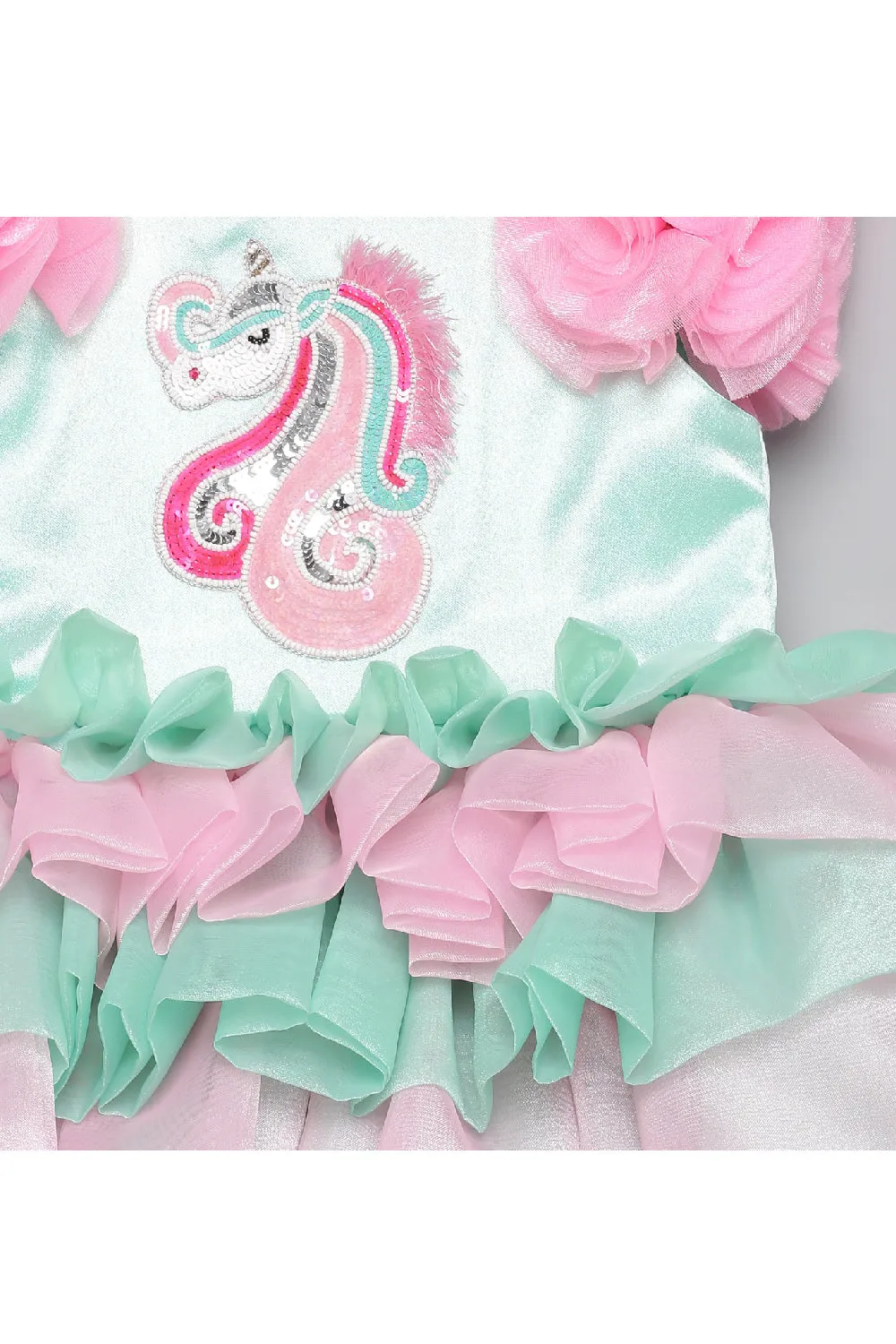 Pink And Mint Green Unicorn Embroidered Layered Dress