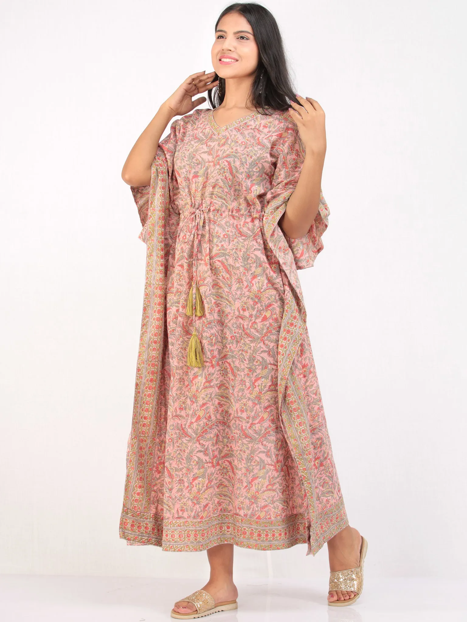 Pink Geen Orange Hand Block Printed Kaftan - K163F2484