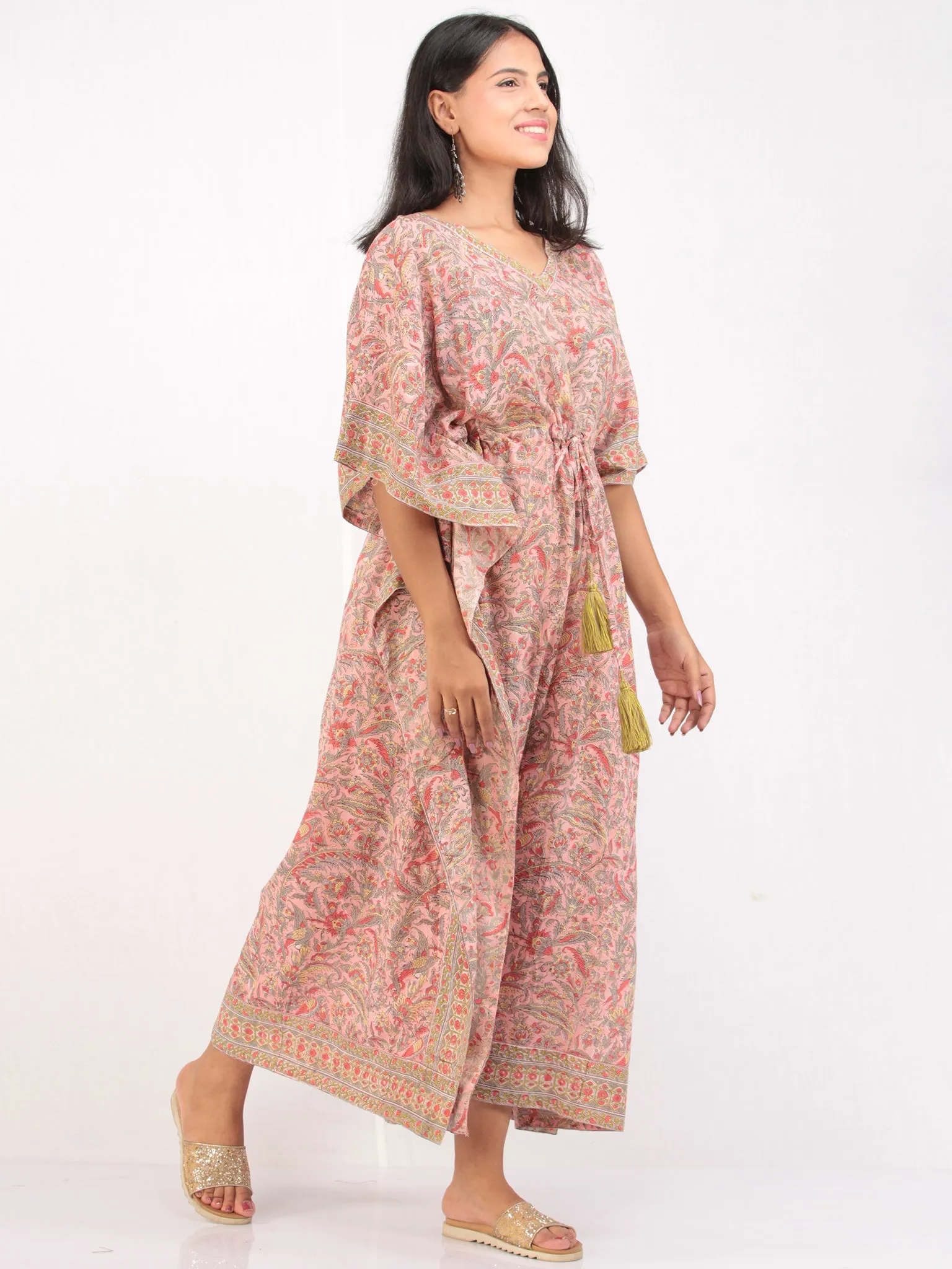 Pink Geen Orange Hand Block Printed Kaftan - K163F2484
