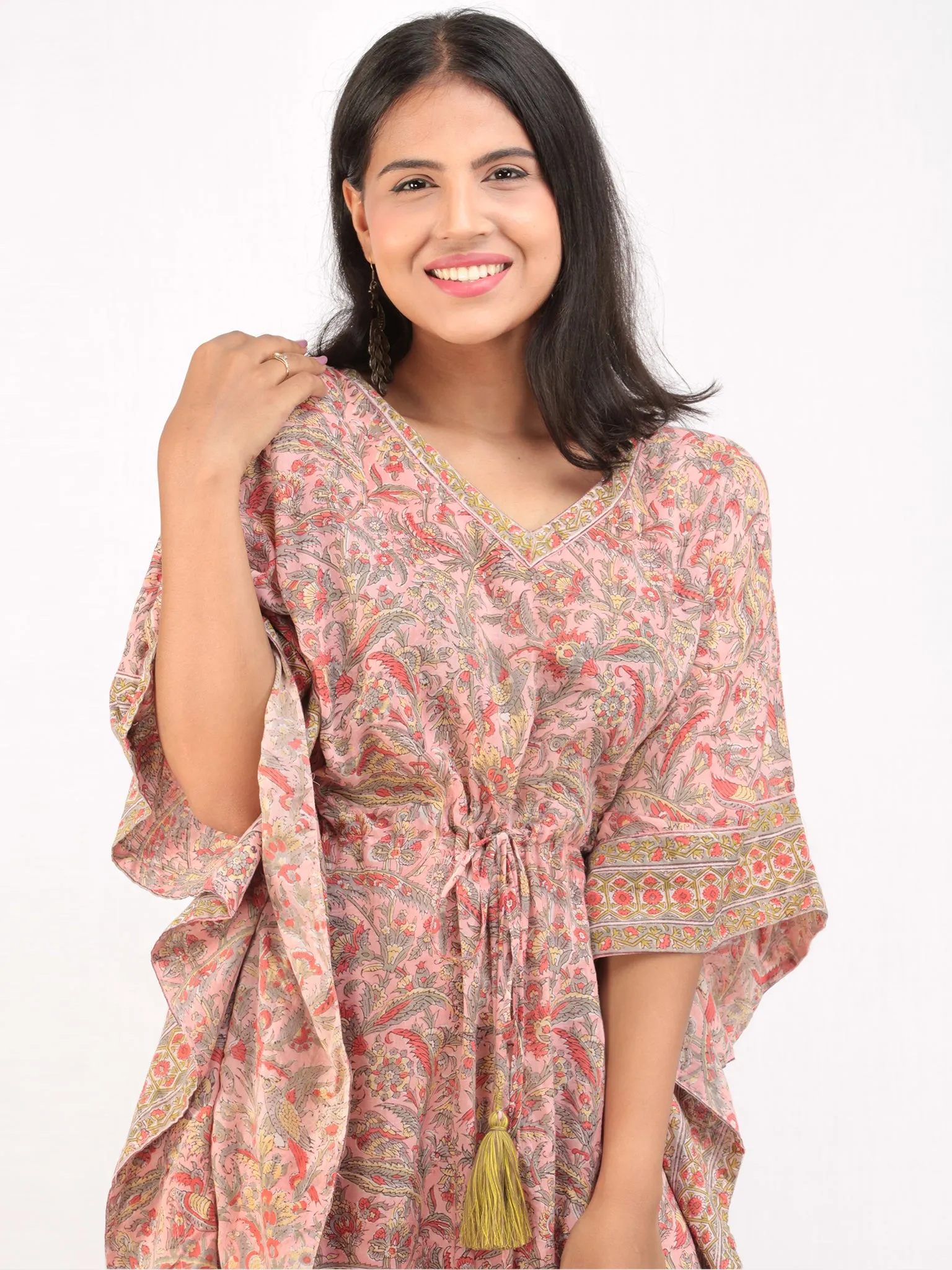 Pink Geen Orange Hand Block Printed Kaftan - K163F2484