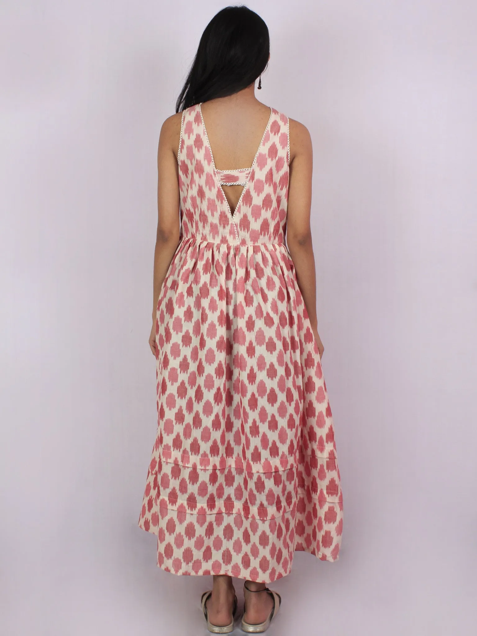 Pink Ivory Ikat Handwoven Long Cotton Sleeveless Pleated Dress With Lace Insert - D2857301