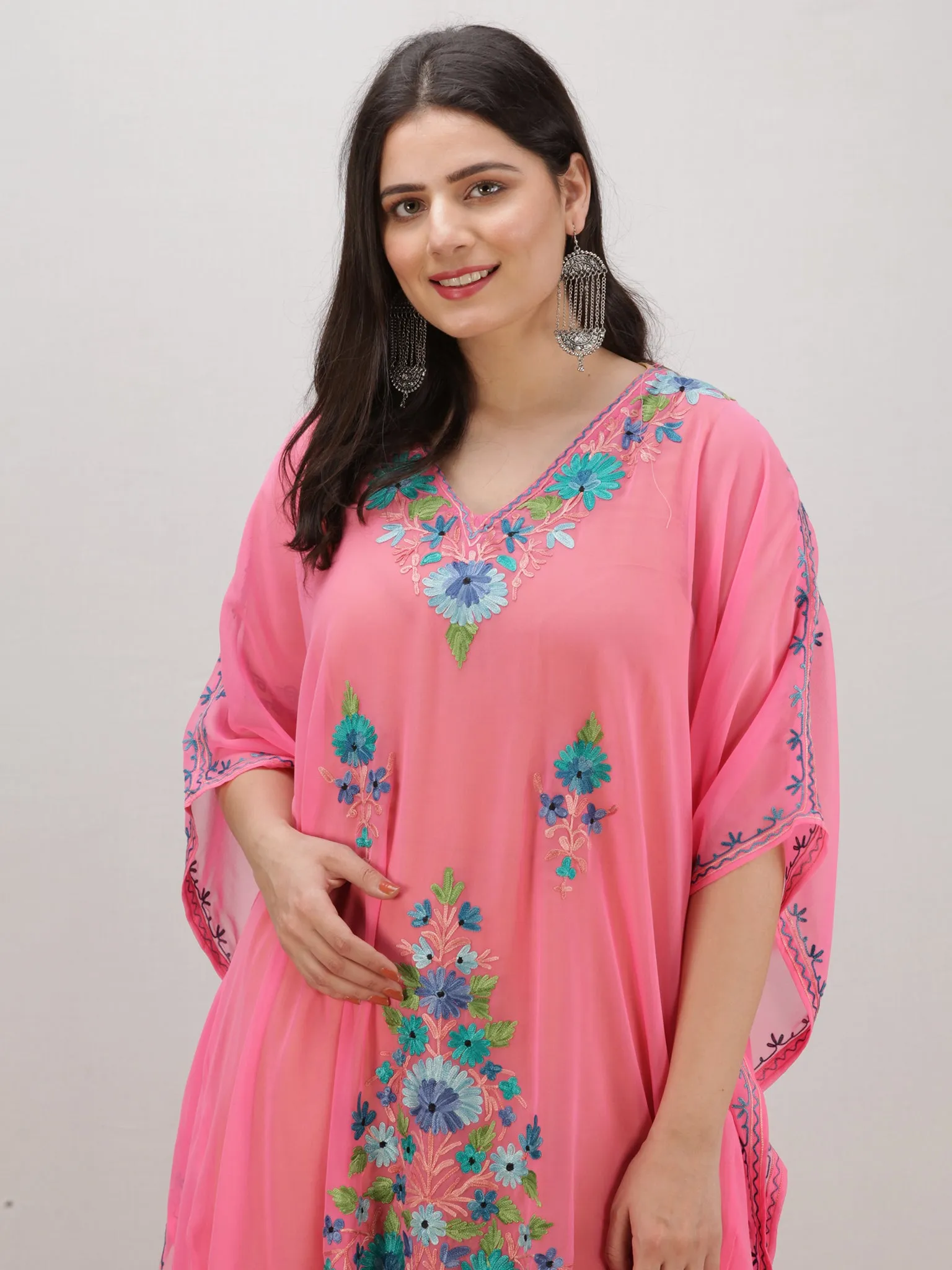 Pink Multicolor Aari Embroidered Kashmere Free Size Georgette Kaftan  - K12K010