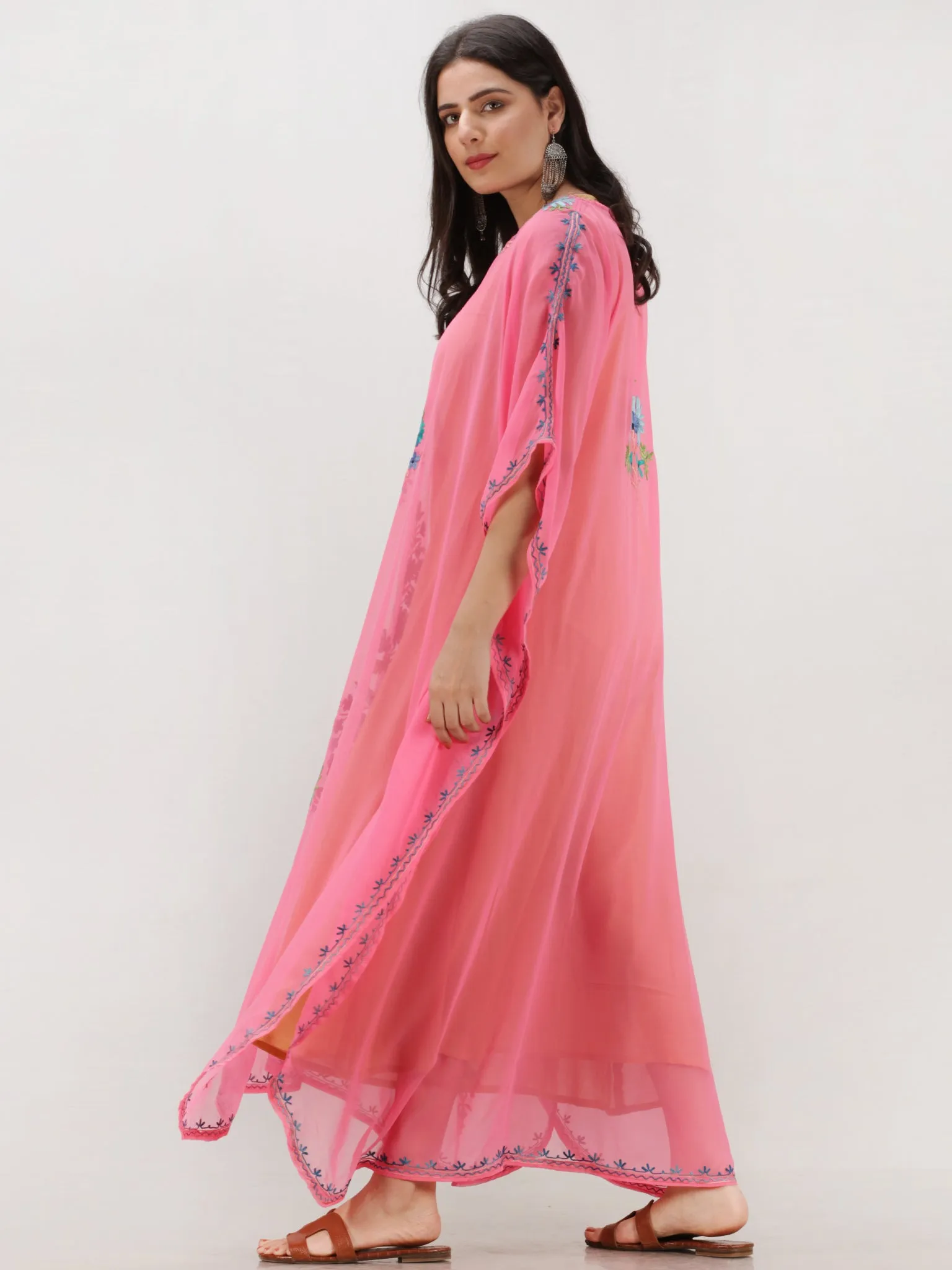 Pink Multicolor Aari Embroidered Kashmere Free Size Georgette Kaftan  - K12K010