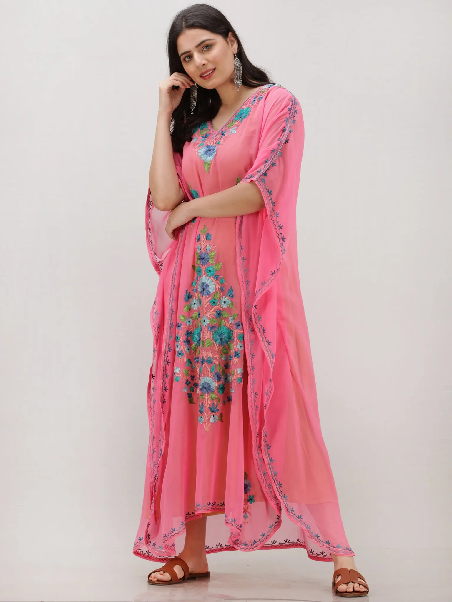 Pink Multicolor Aari Embroidered Kashmere Free Size Georgette Kaftan  - K12K010