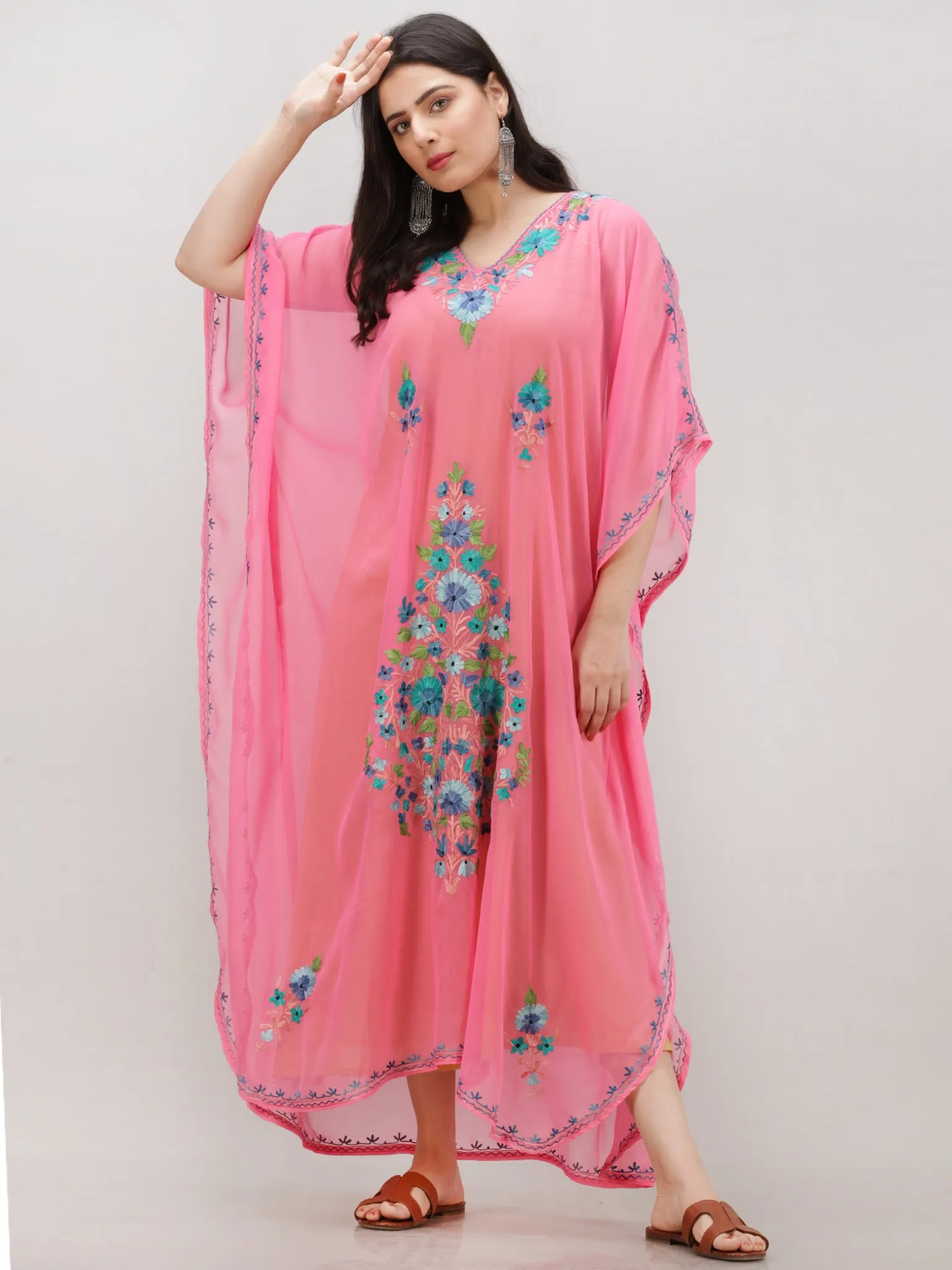 Pink Multicolor Aari Embroidered Kashmere Free Size Georgette Kaftan  - K12K010