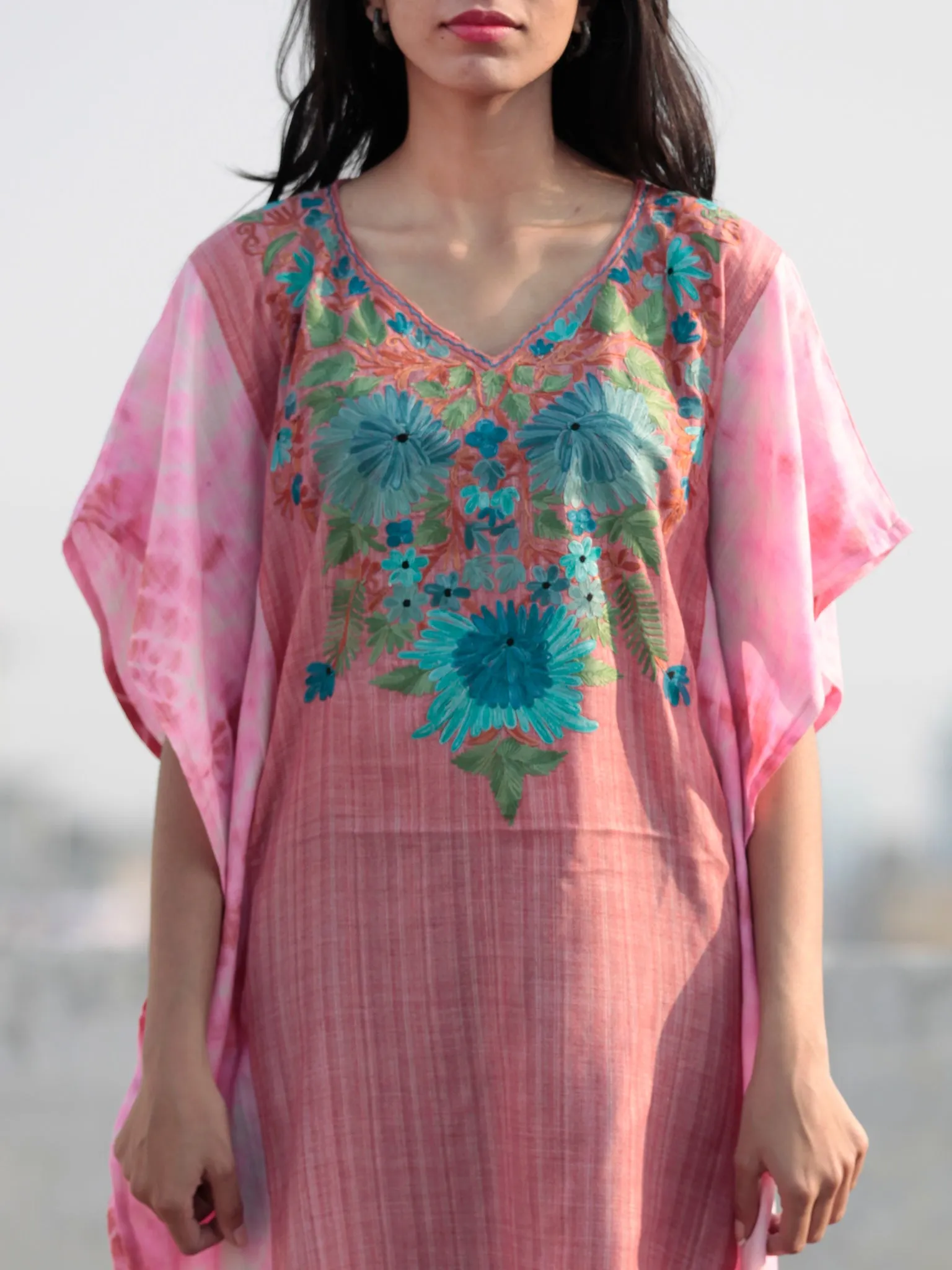 Pink Sky Blue Green Aari Embroidered Short Kashmere Kaftan  - K11K024