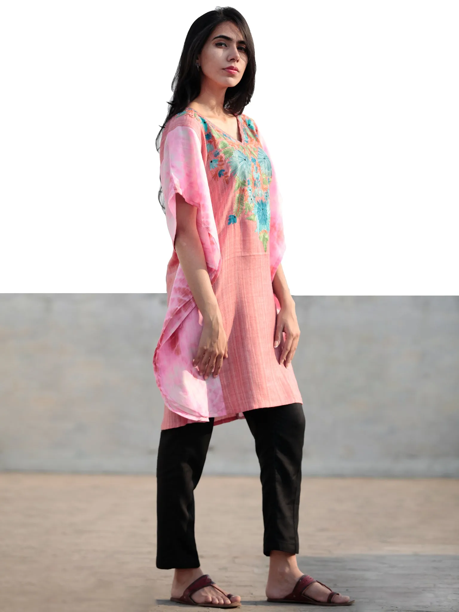 Pink Sky Blue Green Aari Embroidered Short Kashmere Kaftan  - K11K024