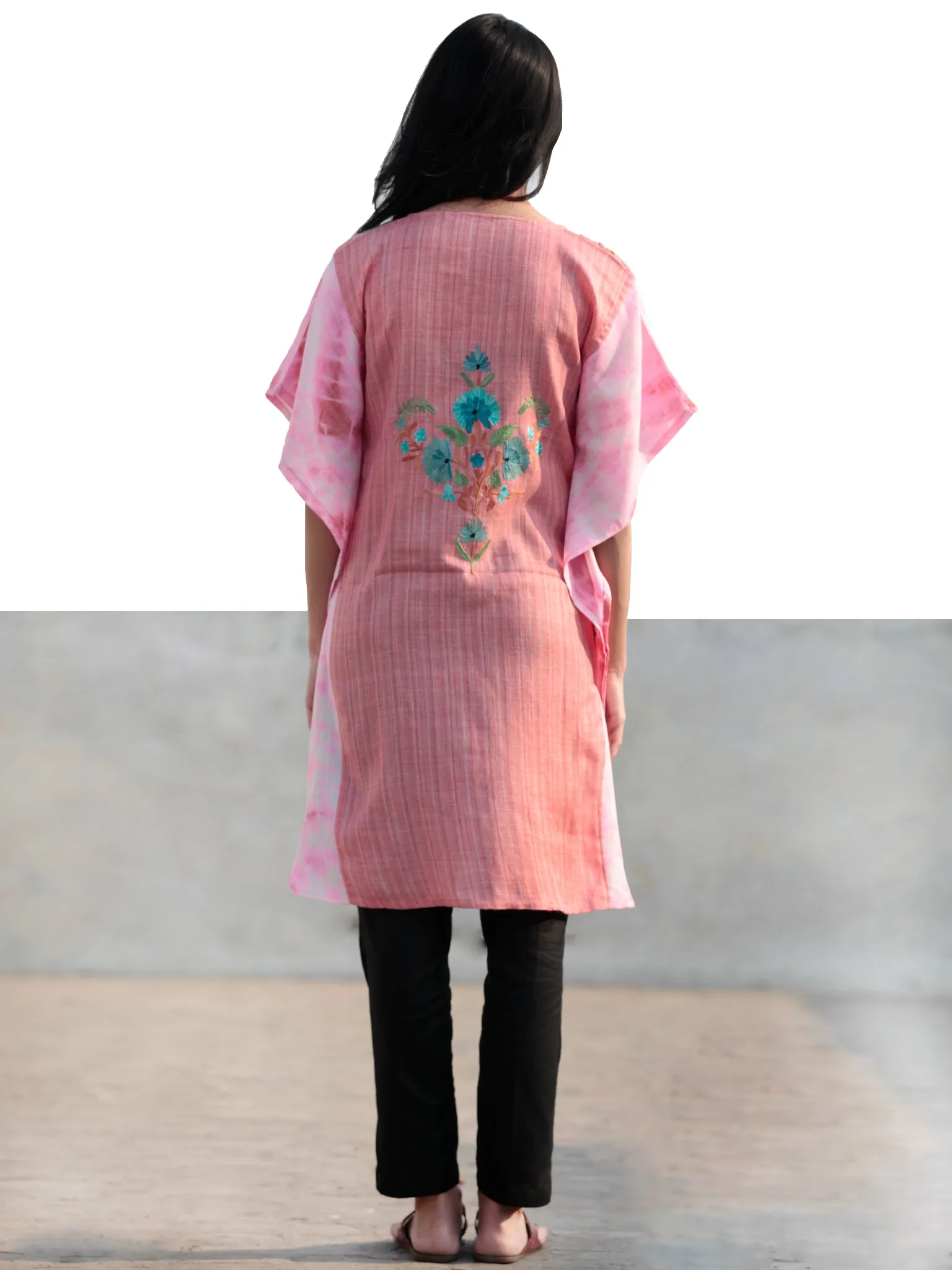 Pink Sky Blue Green Aari Embroidered Short Kashmere Kaftan  - K11K024