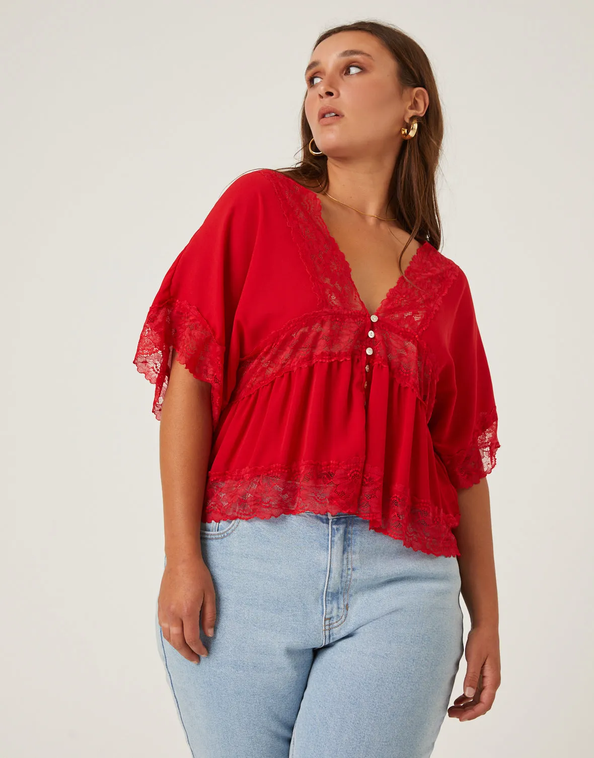 Plus Size Chiffon Lace Trim Blouse