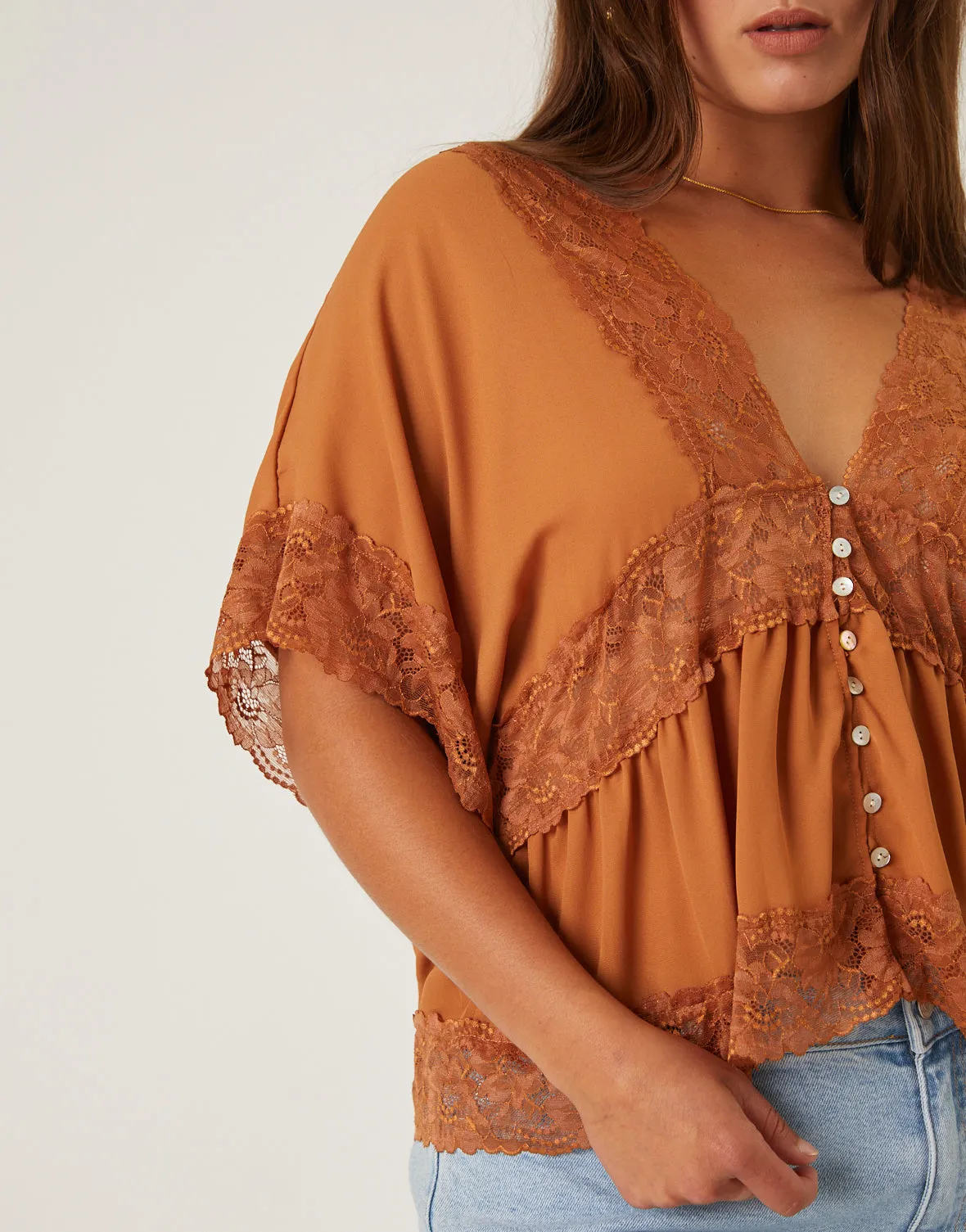 Plus Size Chiffon Lace Trim Blouse