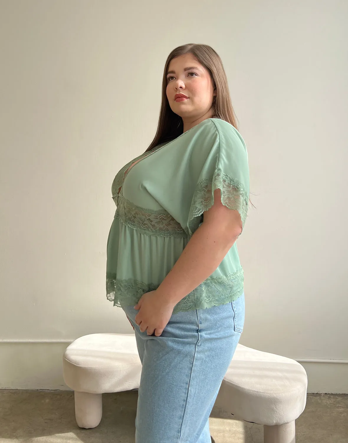 Plus Size Chiffon Lace Trim Blouse