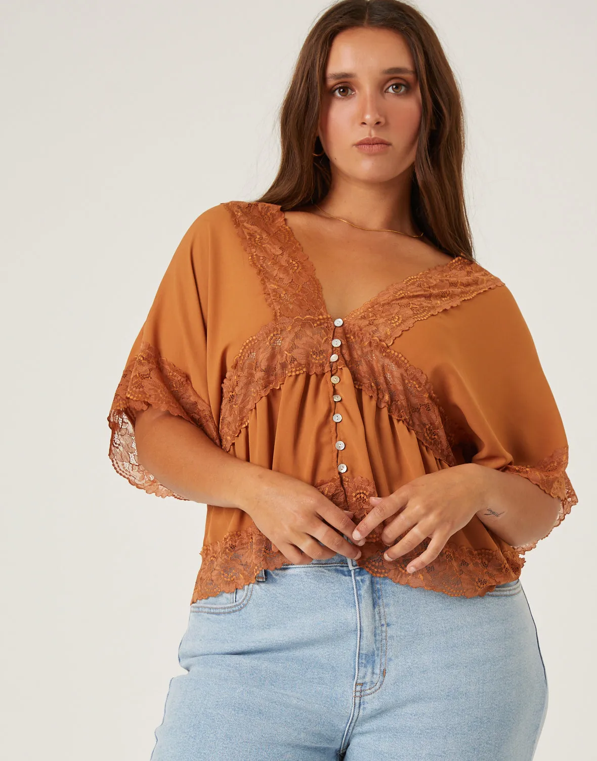 Plus Size Chiffon Lace Trim Blouse