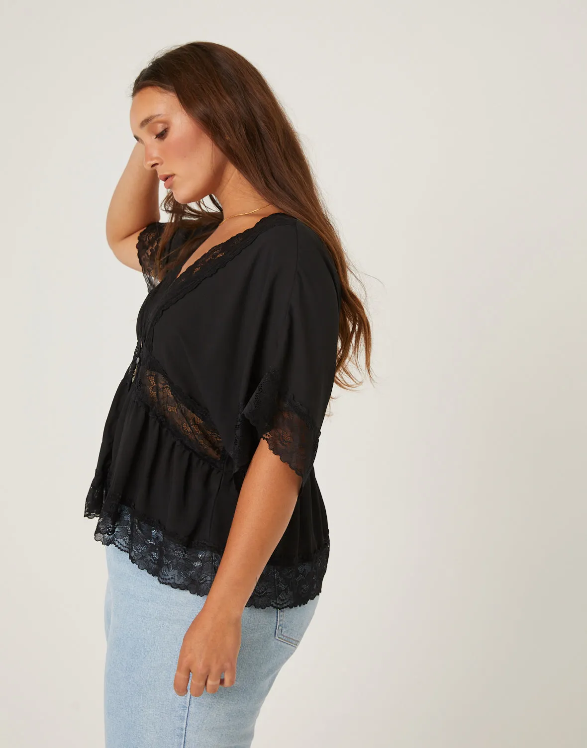 Plus Size Chiffon Lace Trim Blouse