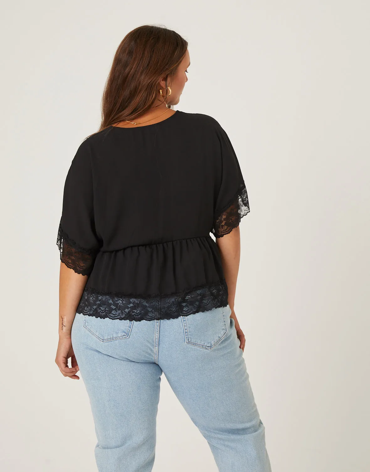 Plus Size Chiffon Lace Trim Blouse