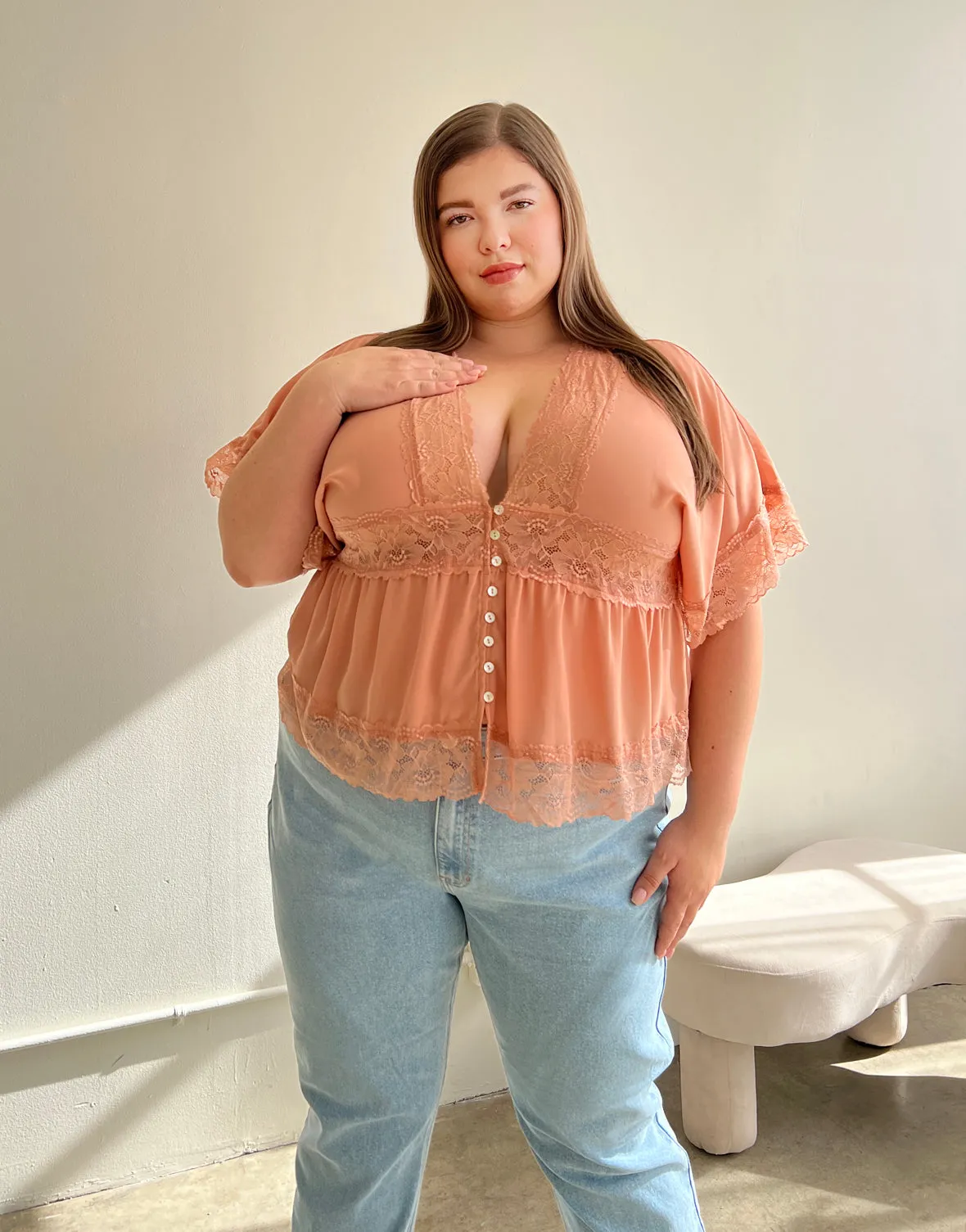 Plus Size Chiffon Lace Trim Blouse