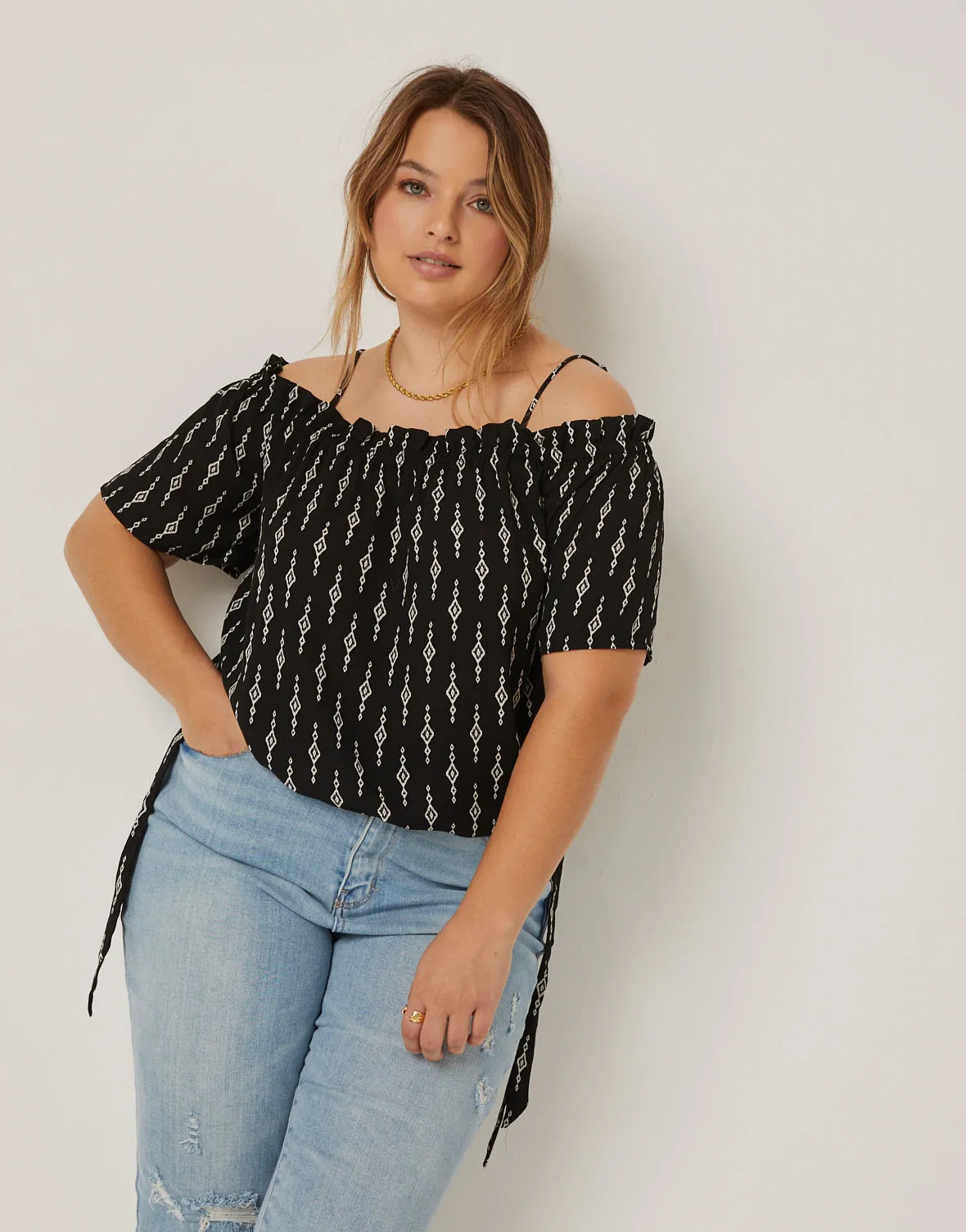 Plus Size Printed Pattern Off Shoulder Top
