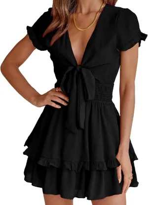 PRETTYGARDEN Women Summer Mini Short Dress 2025 Short Sleeve Casual Beach Vacation Sundress V Neck Tiered Sun Dresses