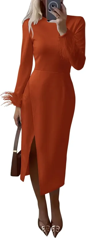 PRETTYGARDEN Women's 2025 Fall Long Sleeve Dress Formal Midi Bodycon Wrap Slit Feather Elegant Wedding Guest Cocktail Dresses