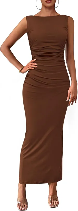 PRETTYGARDEN Women's 2025 Summer Semi Formal Midi Dresses Sleeveless Ruched Bodycon Long Elegant Cocktail Wedding Guest Dress