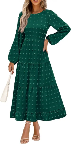 PRETTYGARDEN Women's Fall Spring Elegant Long Sleeve Maxi Dress Swiss Dot A Line Flowy Casual Holiday Party Going Out Dresses