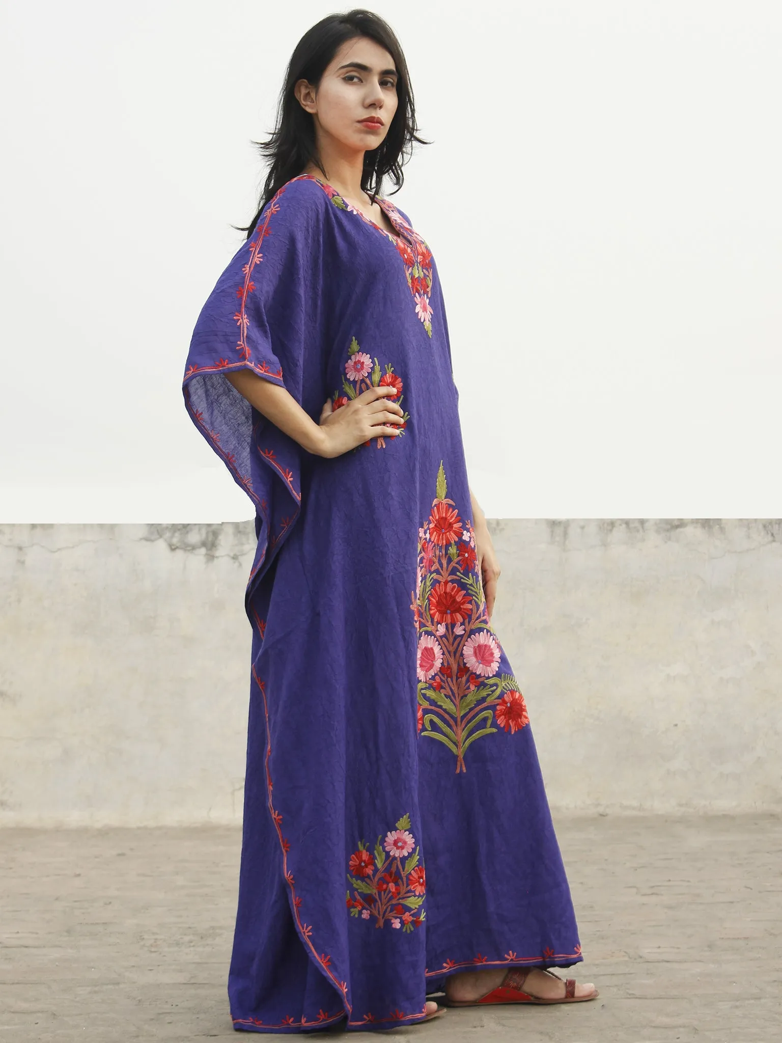 Purple Peach Pink Aari Embroidered Long Kashmere Free Size Kaftan in Crushed Cotton - K11K021