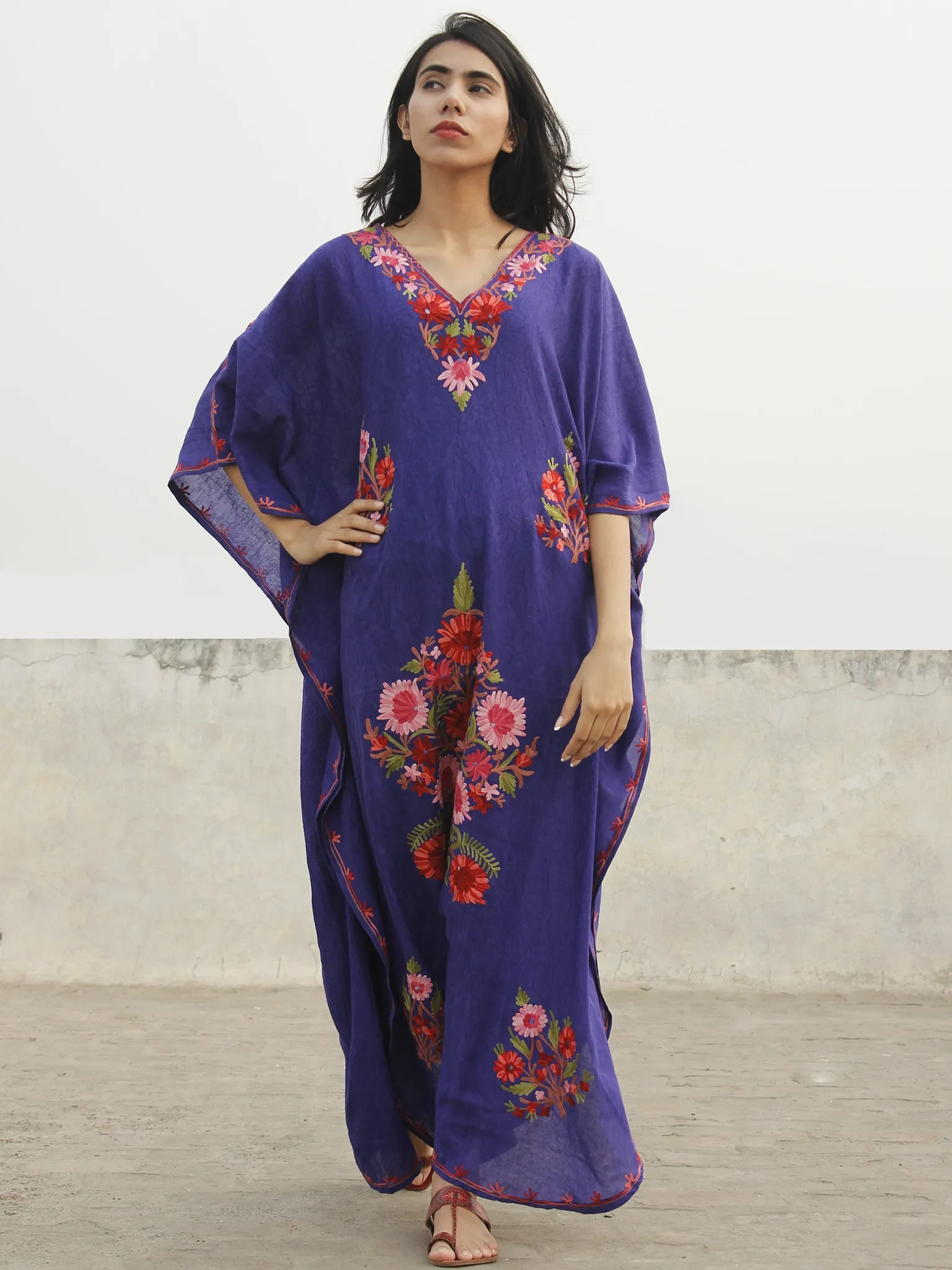 Purple Peach Pink Aari Embroidered Long Kashmere Free Size Kaftan in Crushed Cotton - K11K021