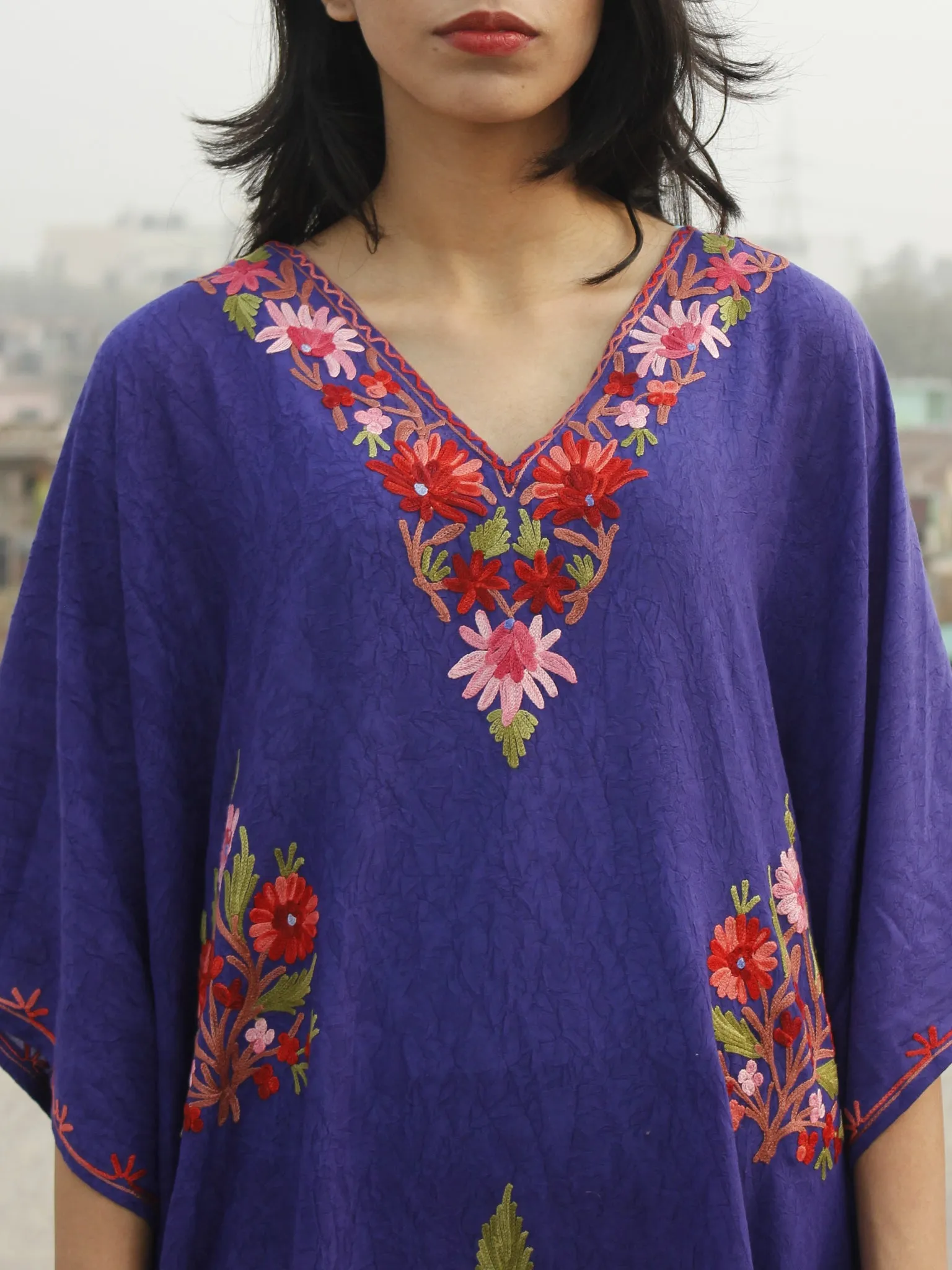 Purple Peach Pink Aari Embroidered Long Kashmere Free Size Kaftan in Crushed Cotton - K11K021