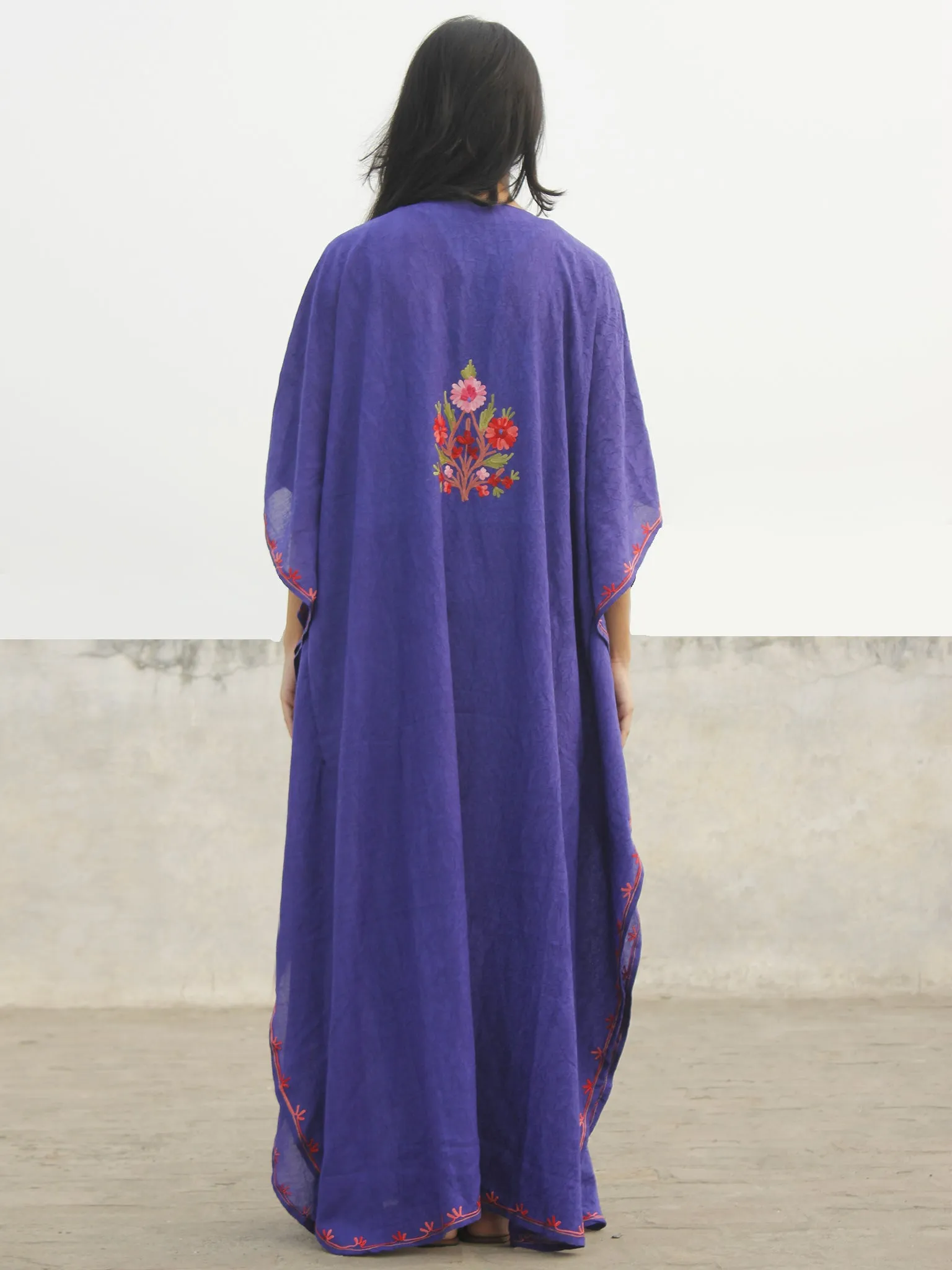 Purple Peach Pink Aari Embroidered Long Kashmere Free Size Kaftan in Crushed Cotton - K11K021