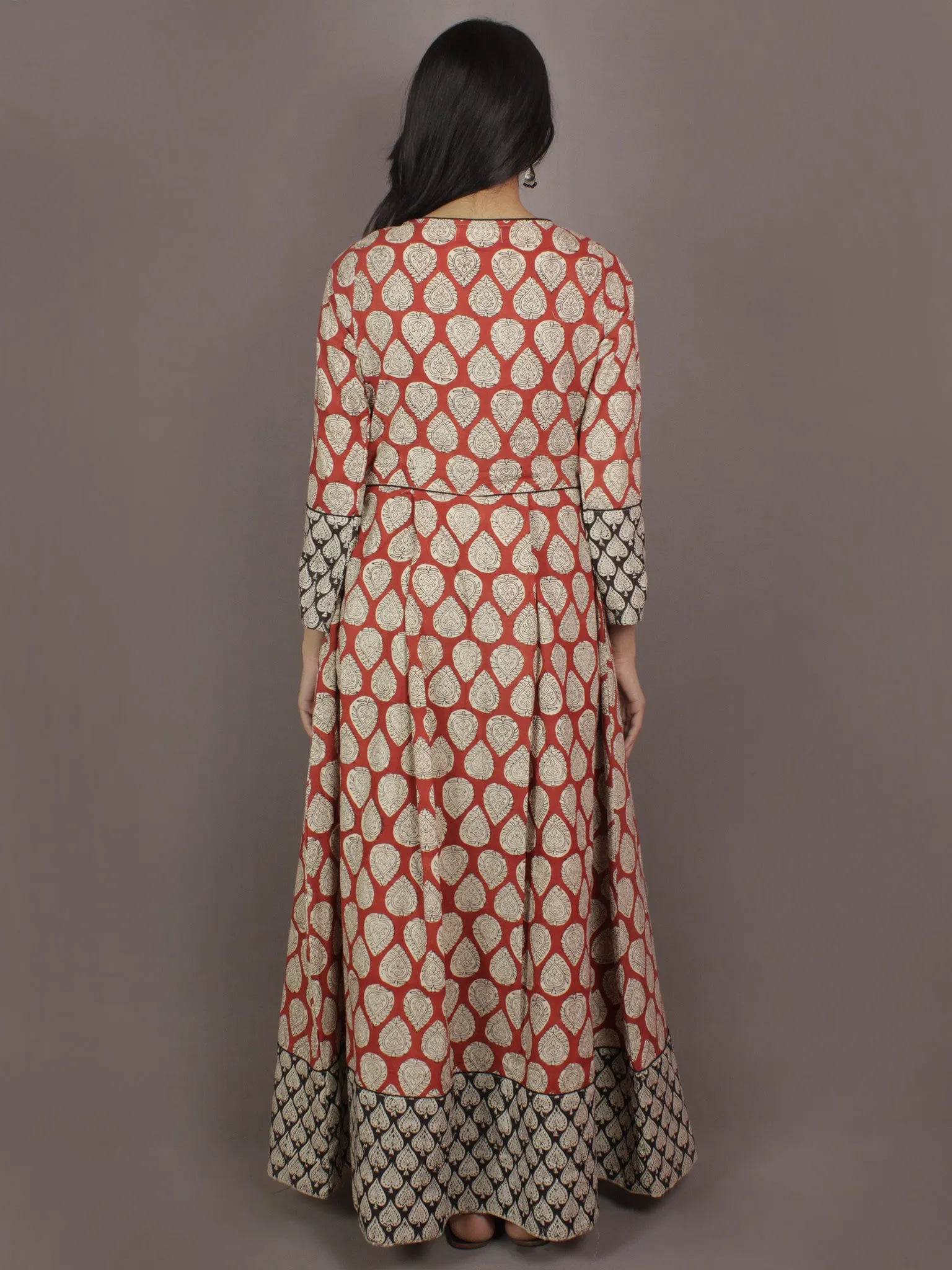 Red Beige Black Hand Block Printed Long Cotton Dress With Box Pleats & Side Pockets - D2522602