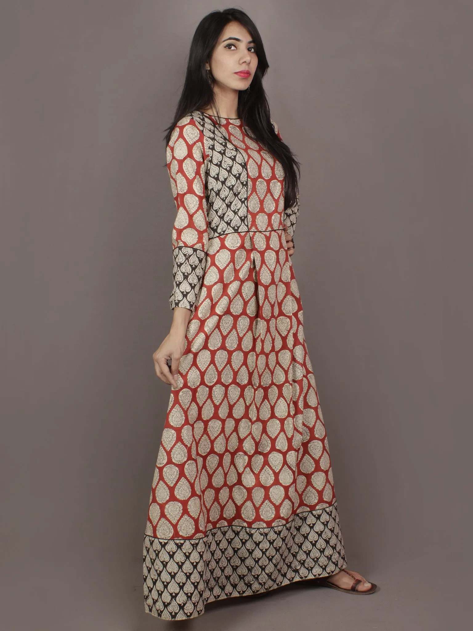 Red Beige Black Hand Block Printed Long Cotton Dress With Box Pleats & Side Pockets - D2522602