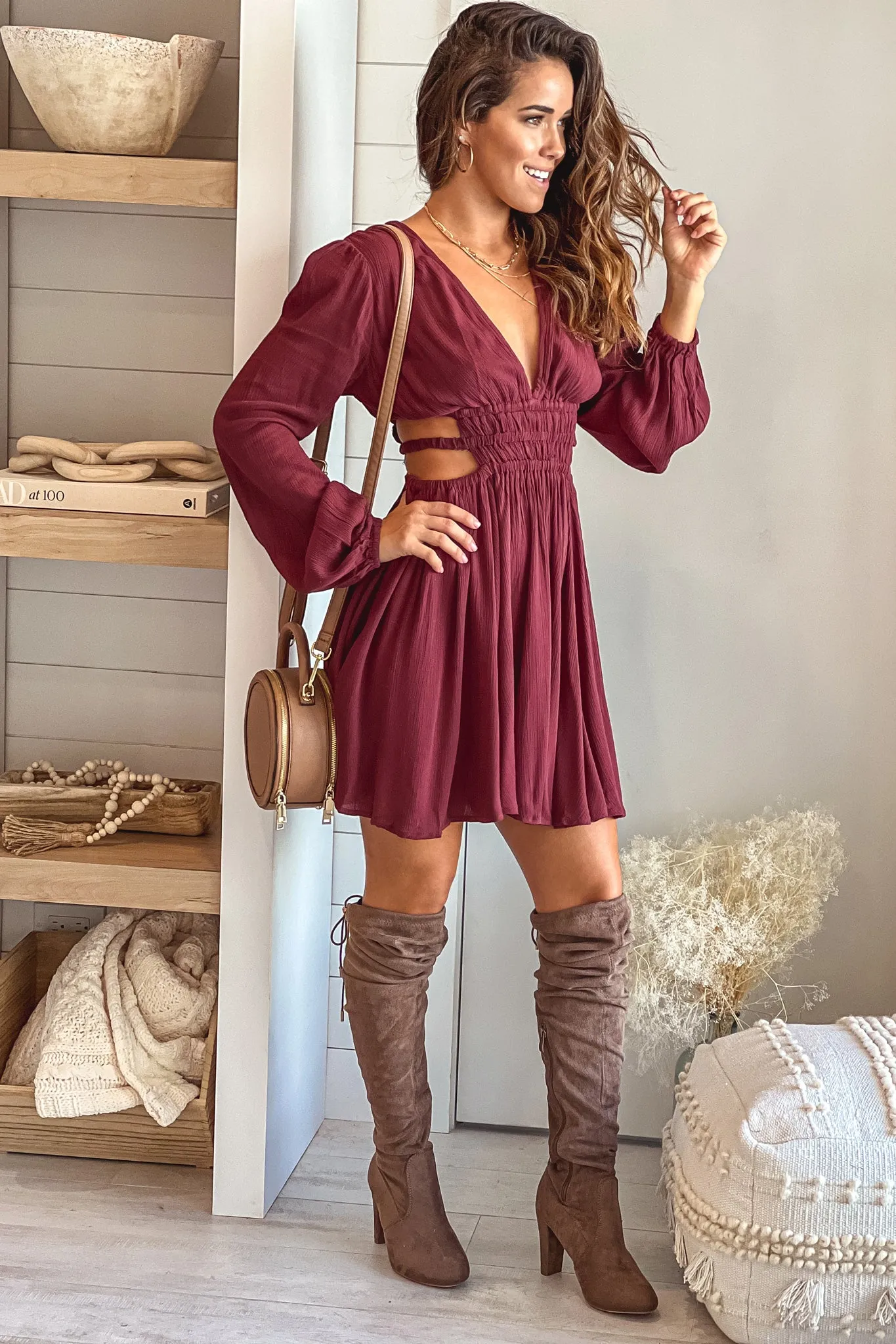 Red Brown Cut Out Short Dress With Long Sleeves