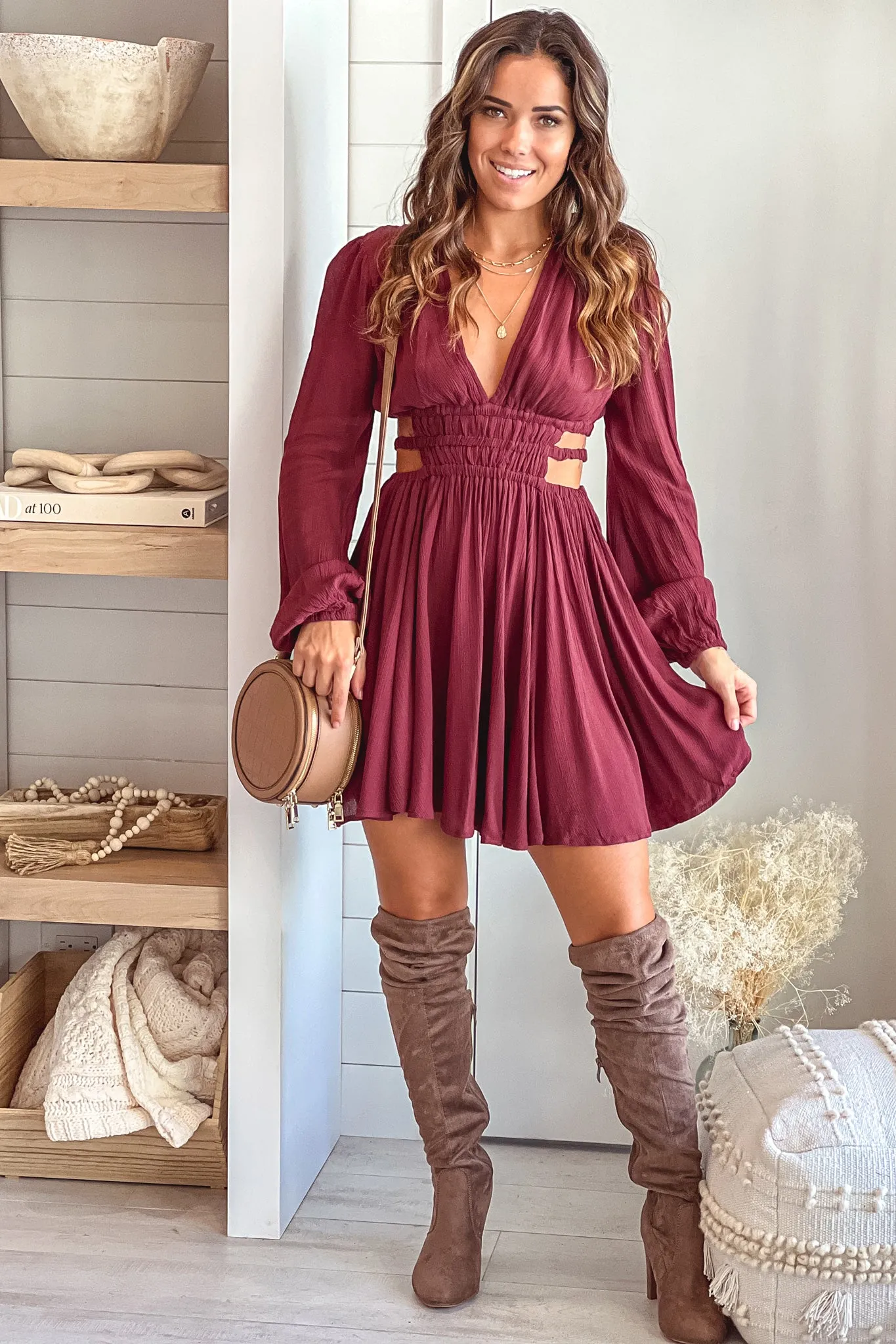 Red Brown Cut Out Short Dress With Long Sleeves