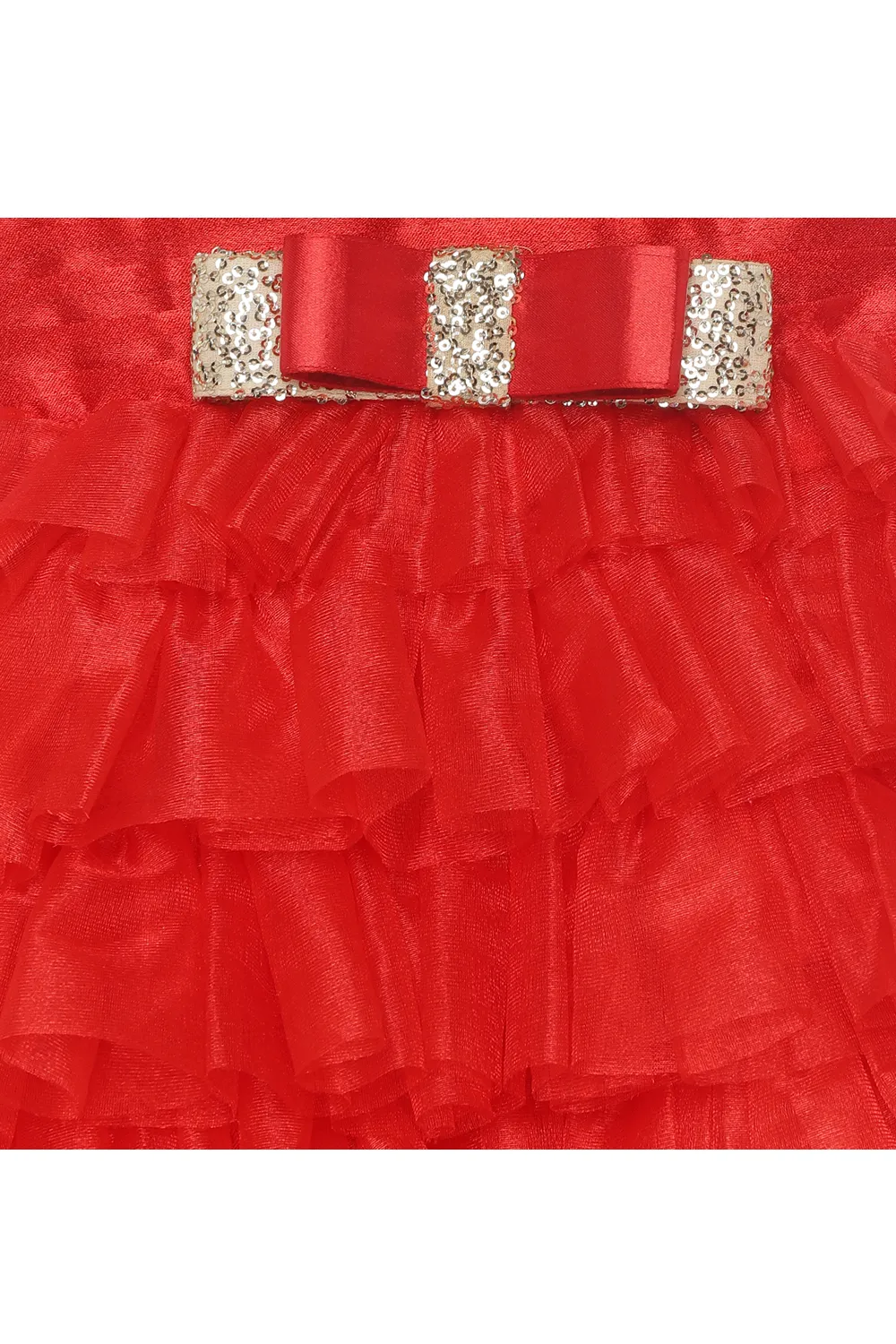 Red high neck golden bow on the front tiered dress